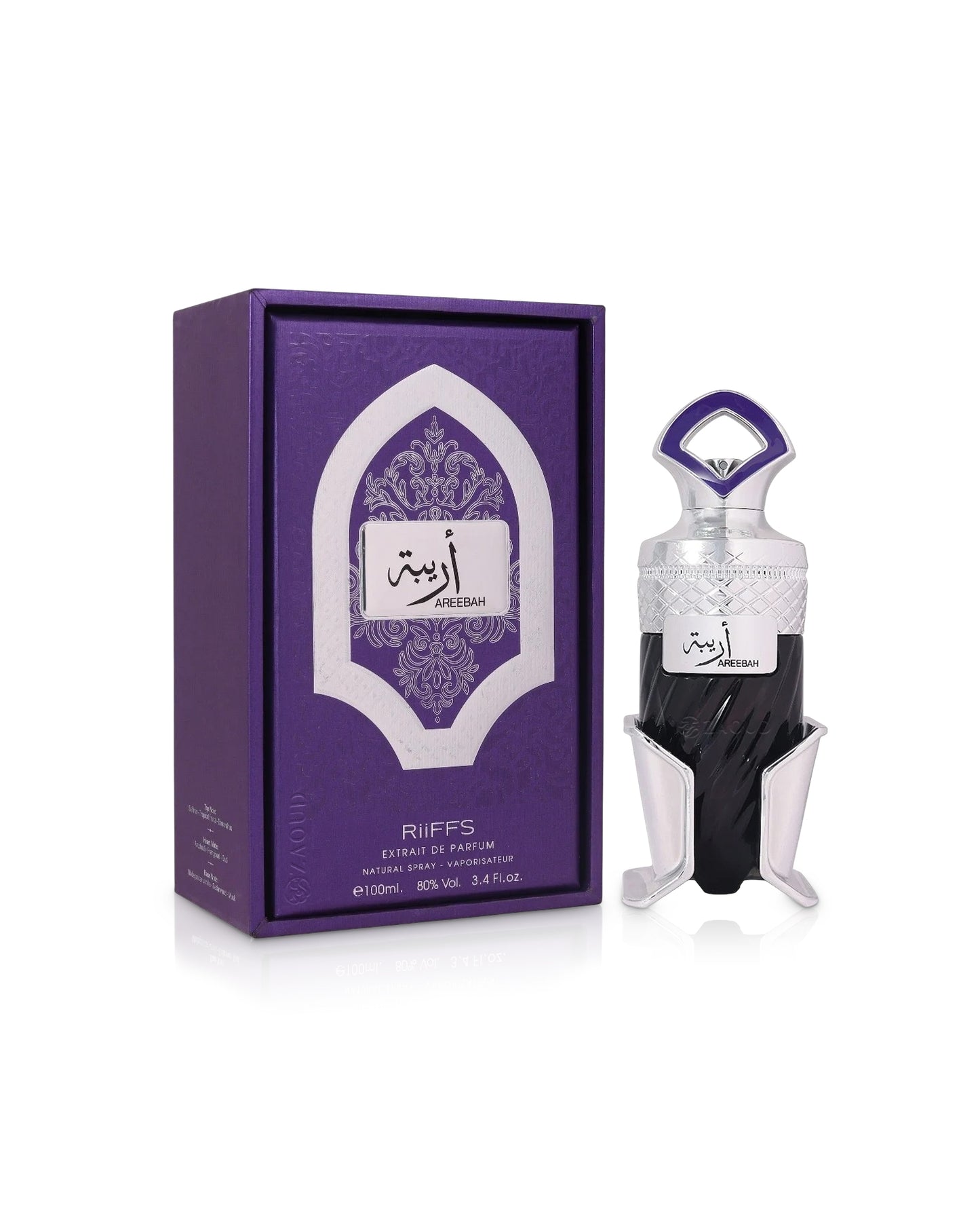 riiffs areebah perfume bottle shows beside its box against white background