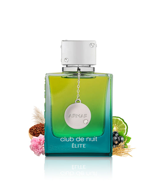 Armaf Club de Nuit Élite perfume bottle with a green-to-blue gradient glass body, silver cap, and decorative botanical elements on a white background.