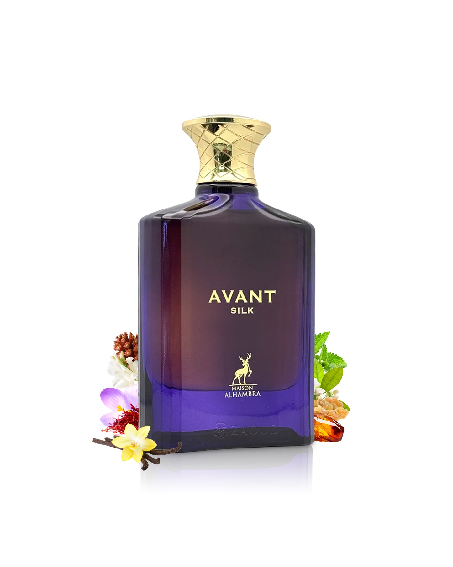 avant silk perfume bottle surrounded with fragrance notes like vanilla and amber shows against white background