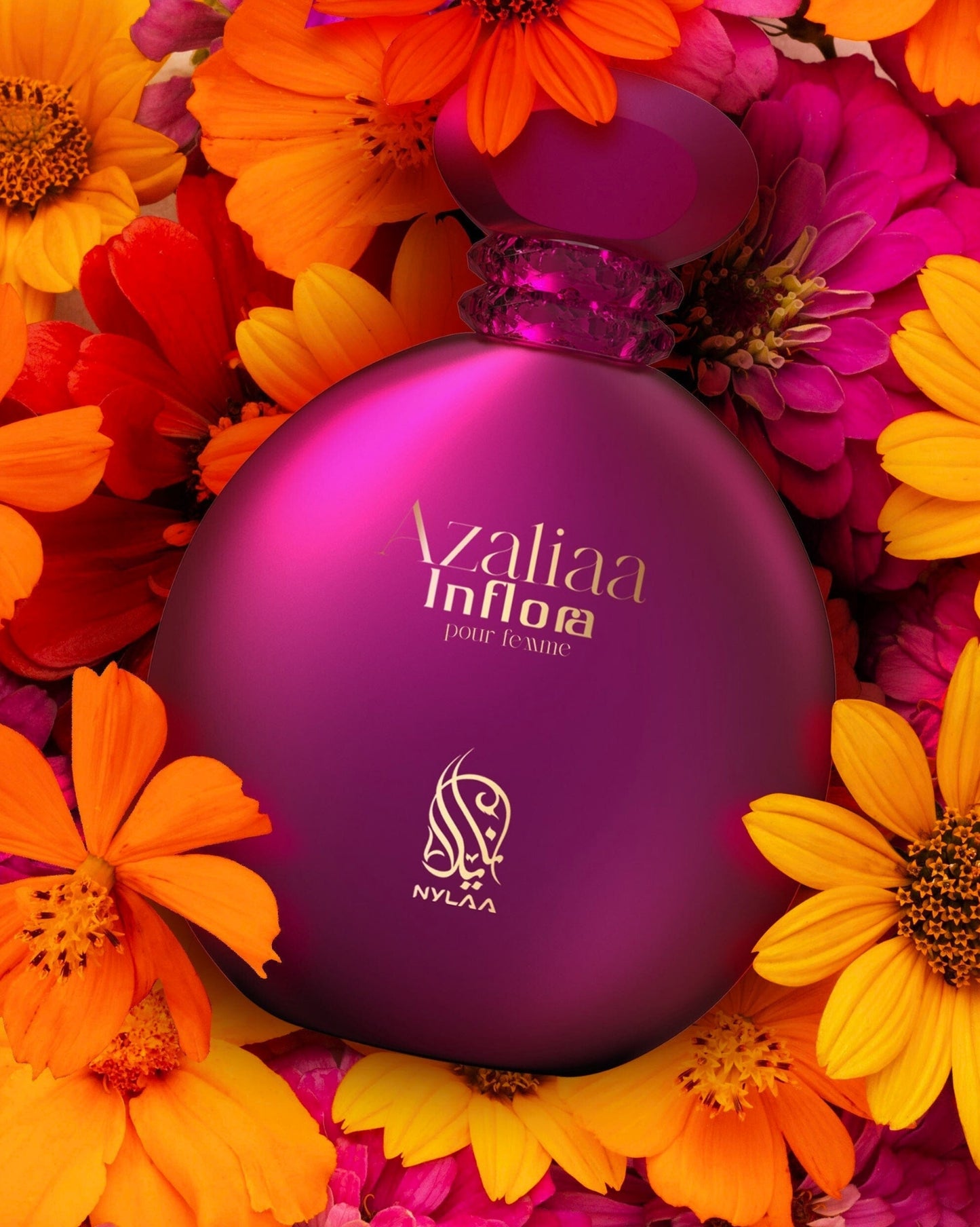 Azaliaa inflora pour femme perfume bottle photograph between colourful flowers