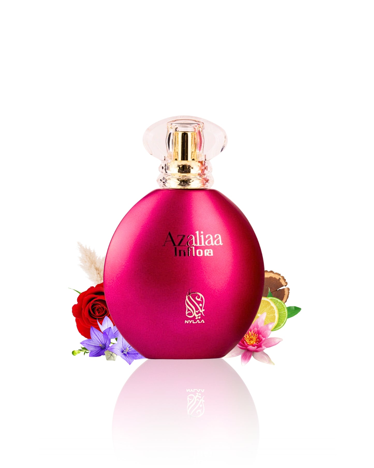 Azaliaa inflora pour femme perfume bottle surrounded by lotus rose against white background