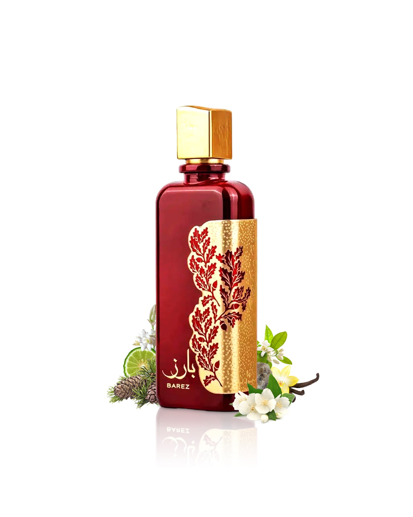 ARD AL ZAAFARAN BAREZ Red perfume bottle with gold cap and decorative design on a white background