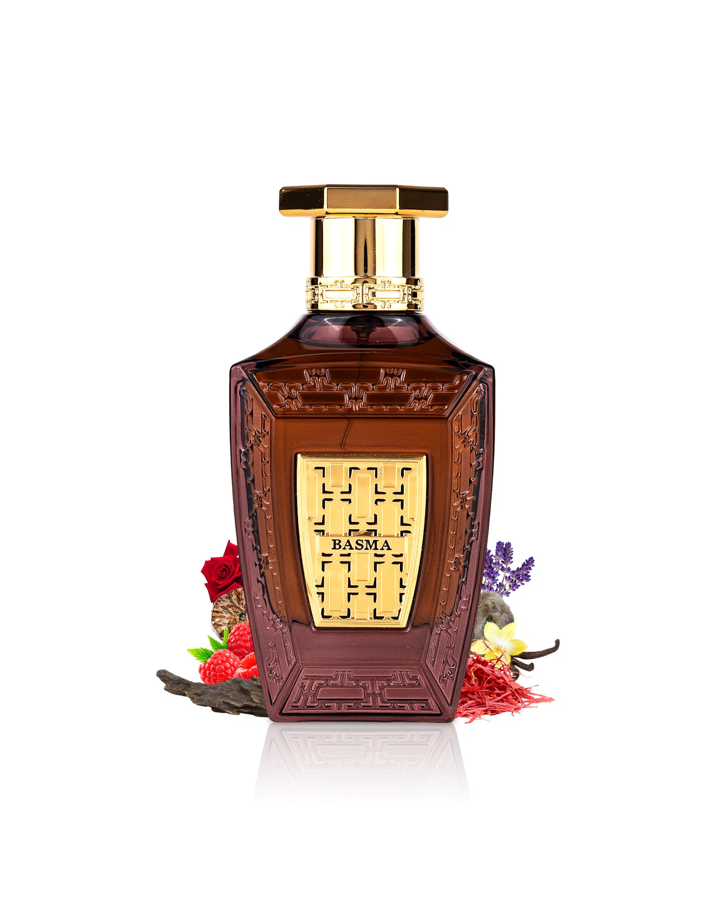 maison arar basma perfume bottle surrounded with fragrance notes like oud and saffron shows from behind the bottle against white background