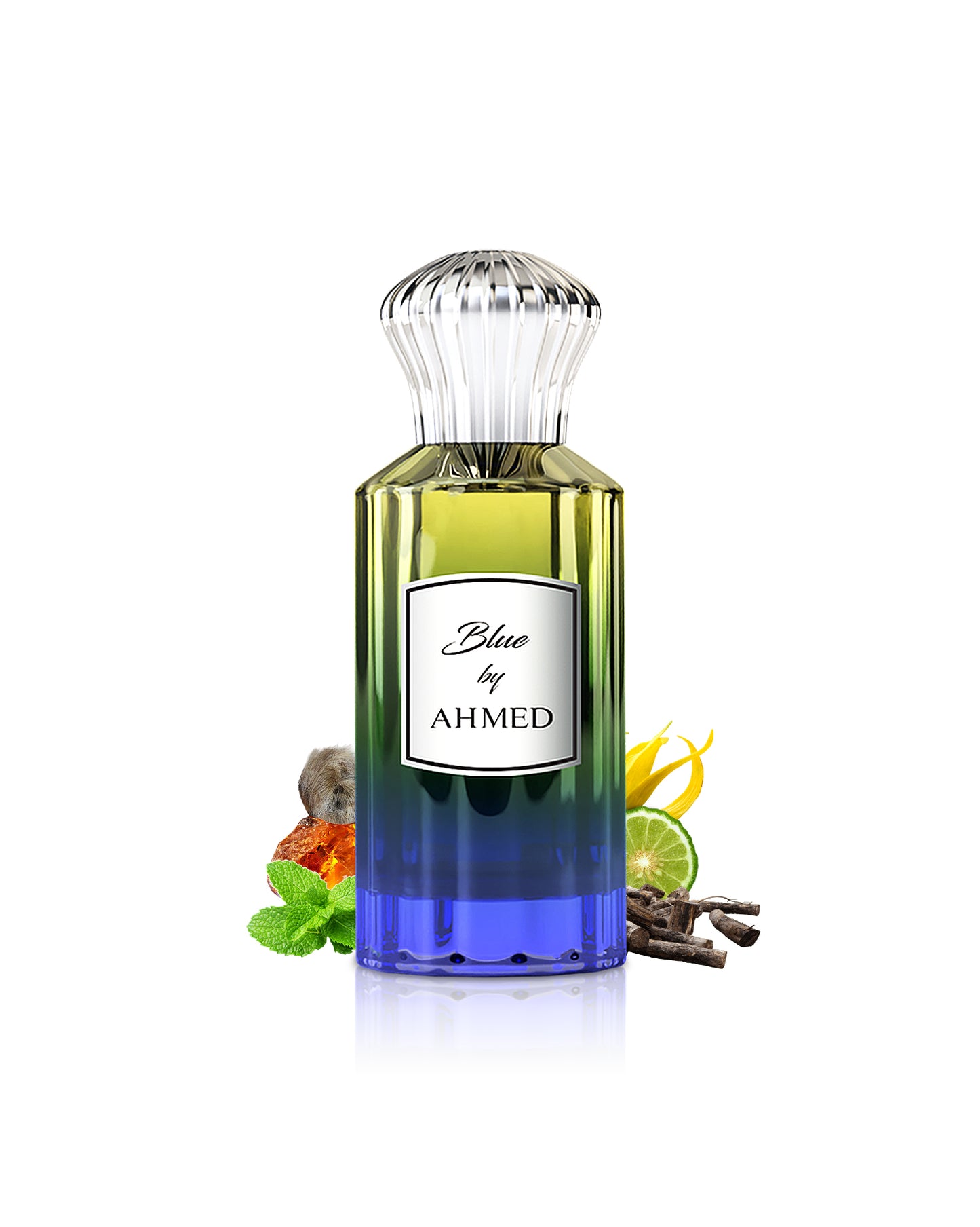 ahmed al maghribi blue by ahmed perfume bottle surrounded with fragrance notes like patchoui and amber shows from behind the bottle against white background