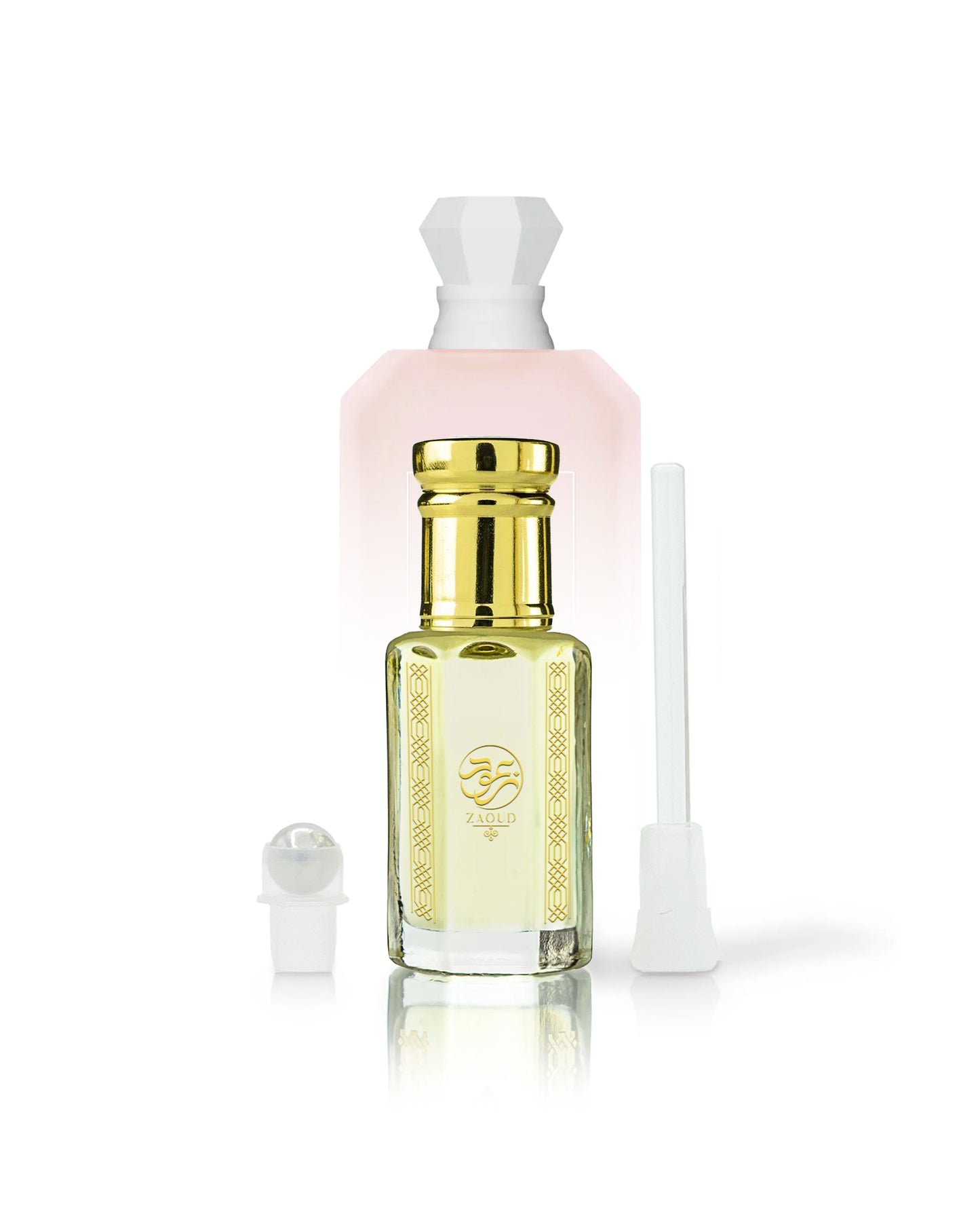 boujee fluf perfume oil bottle shows beside roller and stick with Yum Boujee Marshmallow kayali bottle behind against white background