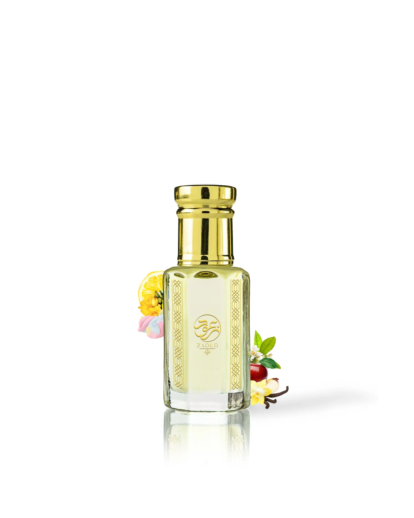 boujee fluf perfume oil bottle surrounded with fragrance notes like marshmallow and vanilla against white background