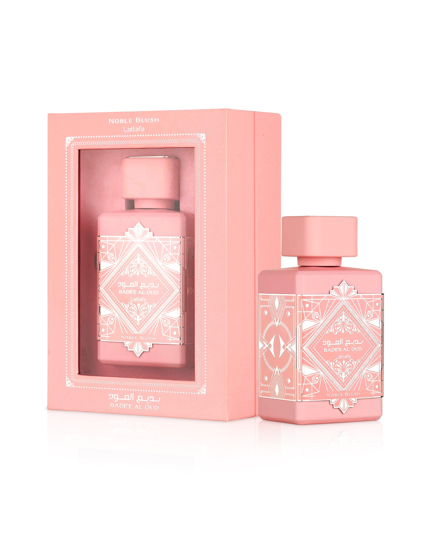 badee al oud noble blush perfume bottle shows beside its box shows against white background