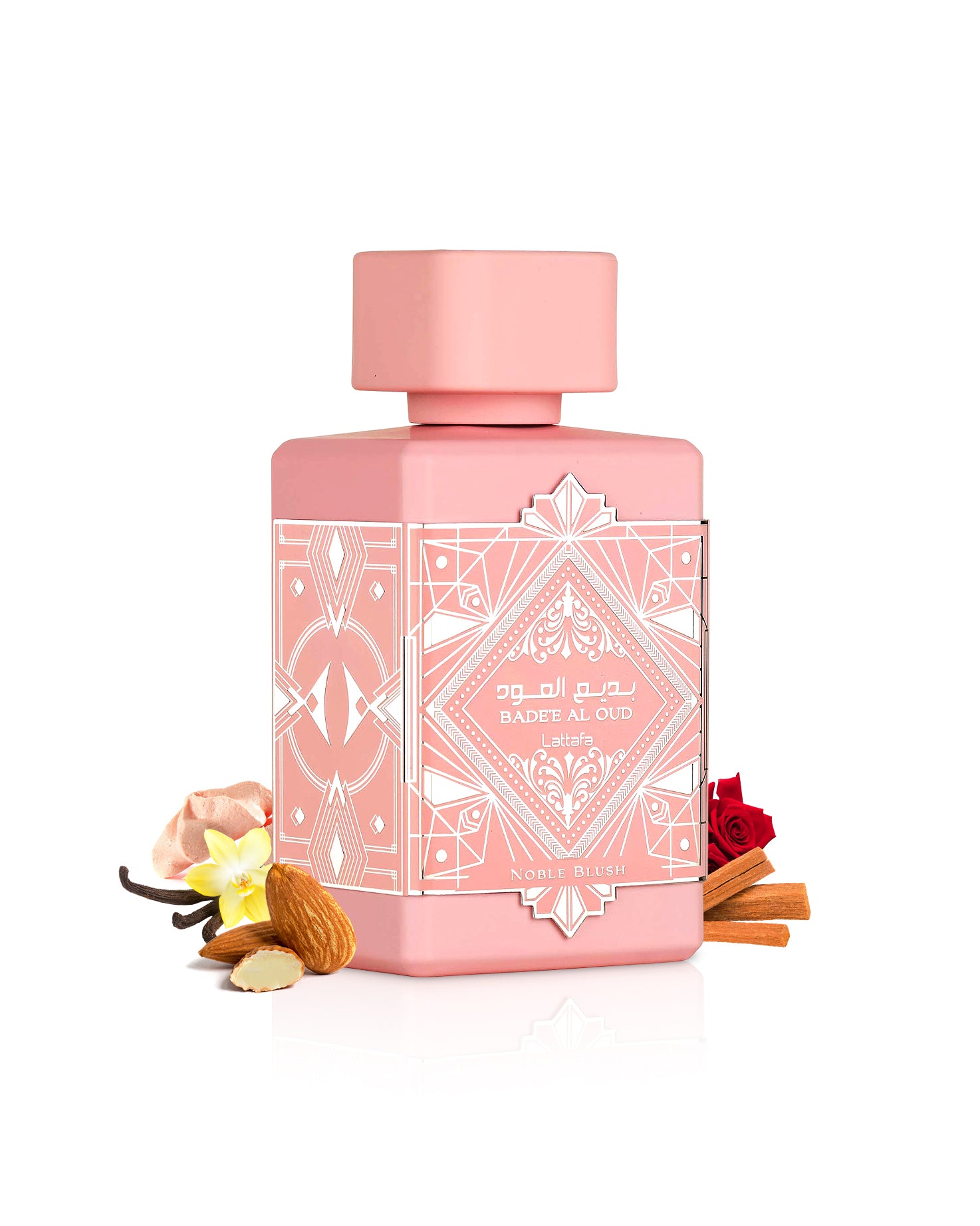 badee al oud noble blush perfume bottle surrounded with fragrance notes like almond and vanilla shows against white background