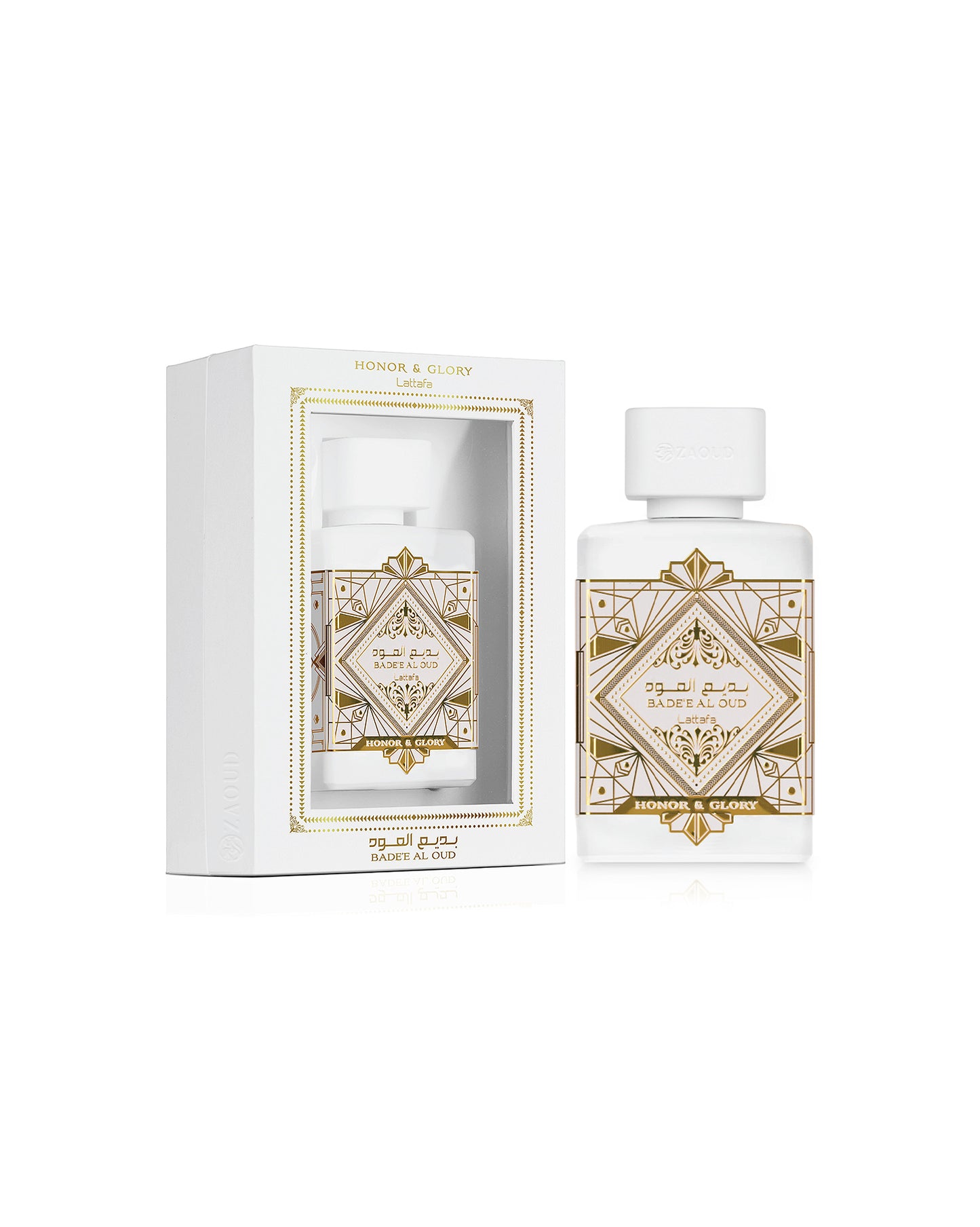badee al oud honor and glory perfume bottle shows beside its box against white background