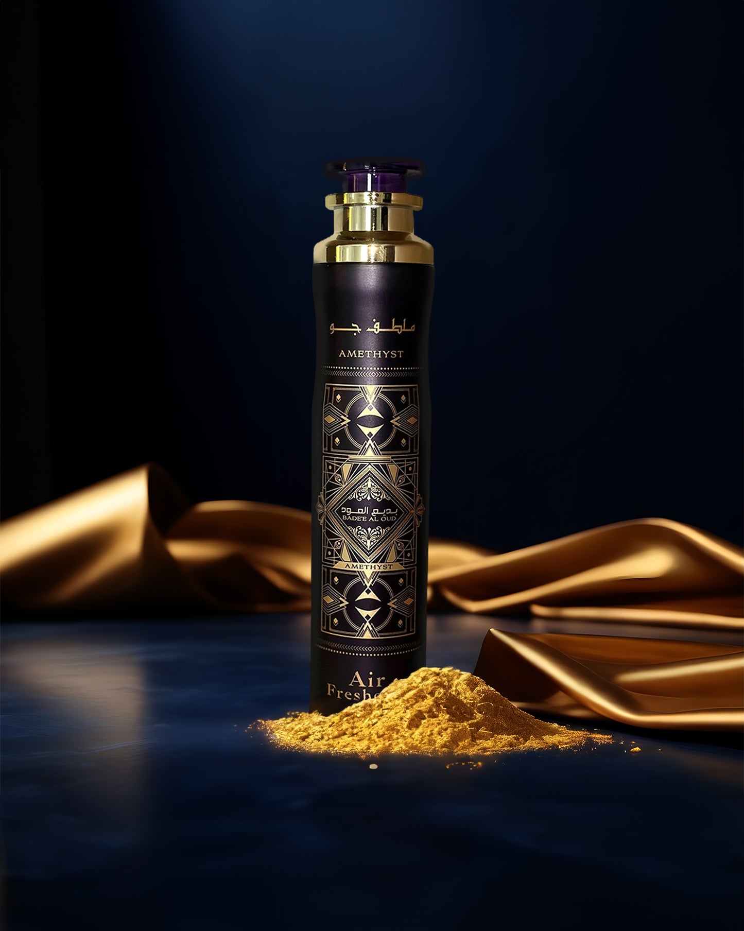 Badee Al Oud Amethyst air freshner bottle photograph against dark blue surface besides rose powders