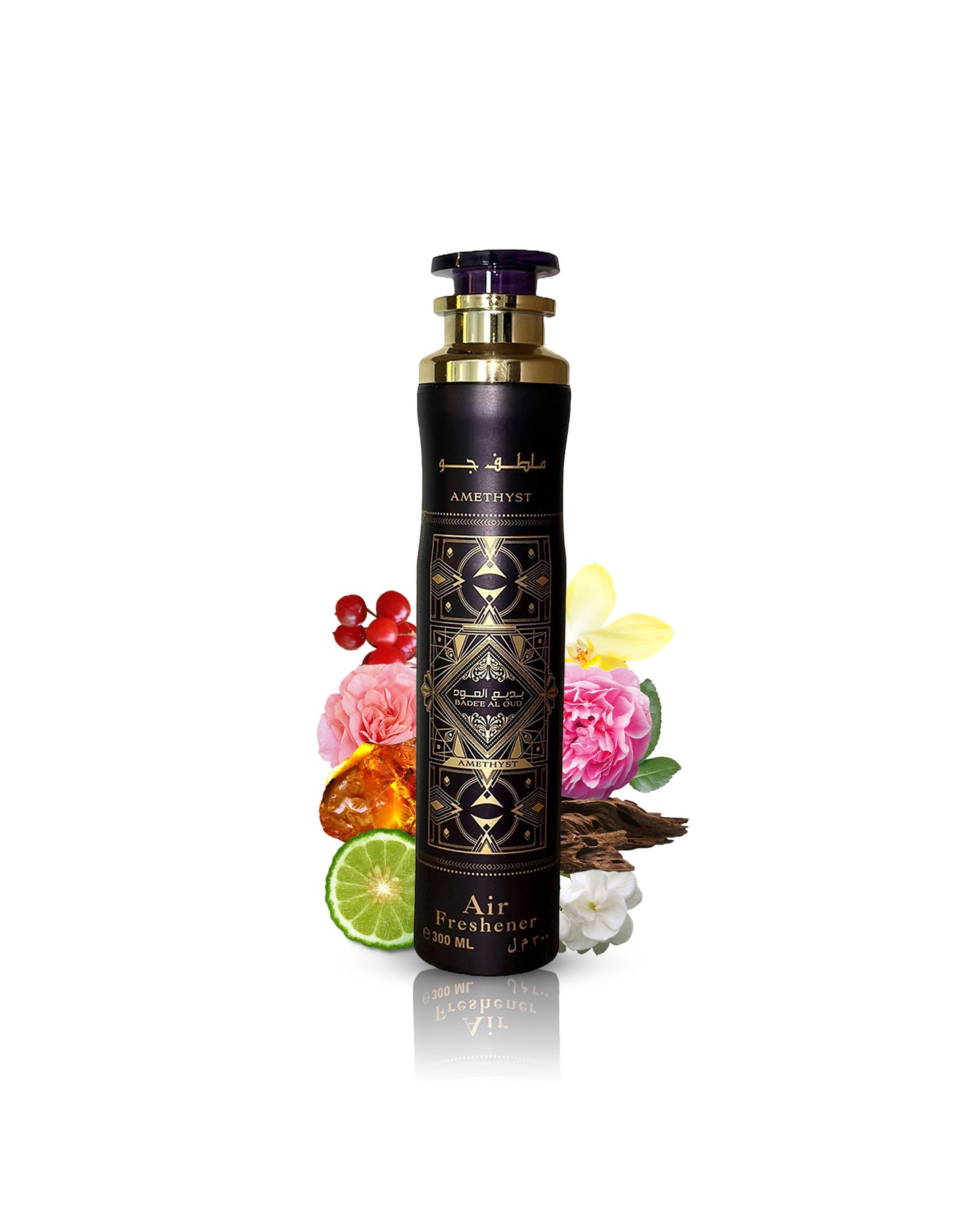 Badee Al Oud Amethyst air freshner bottle surrounded by oud rose against white background