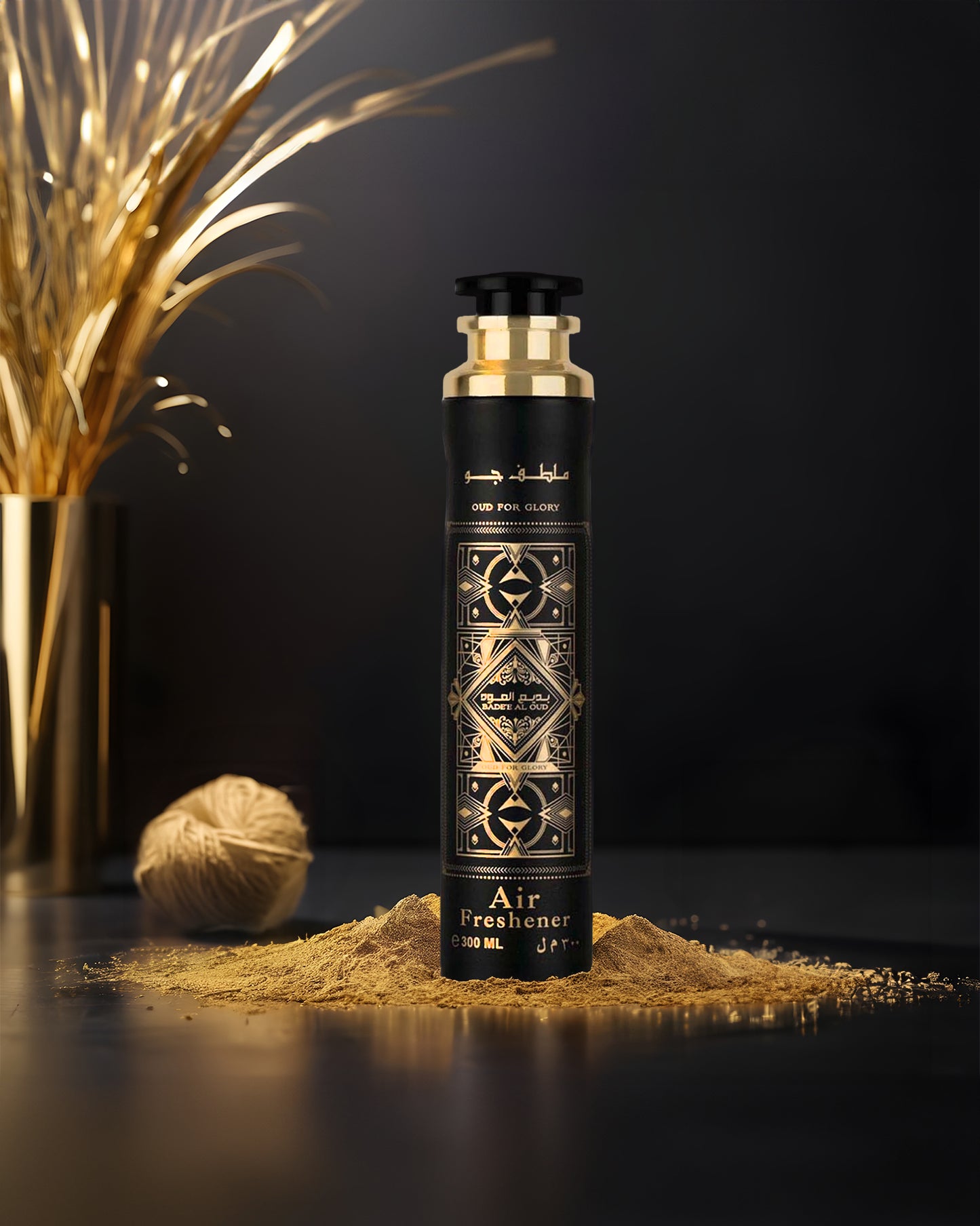 Badee Al Oud oud for glory air freshner bottle photograph against dark room