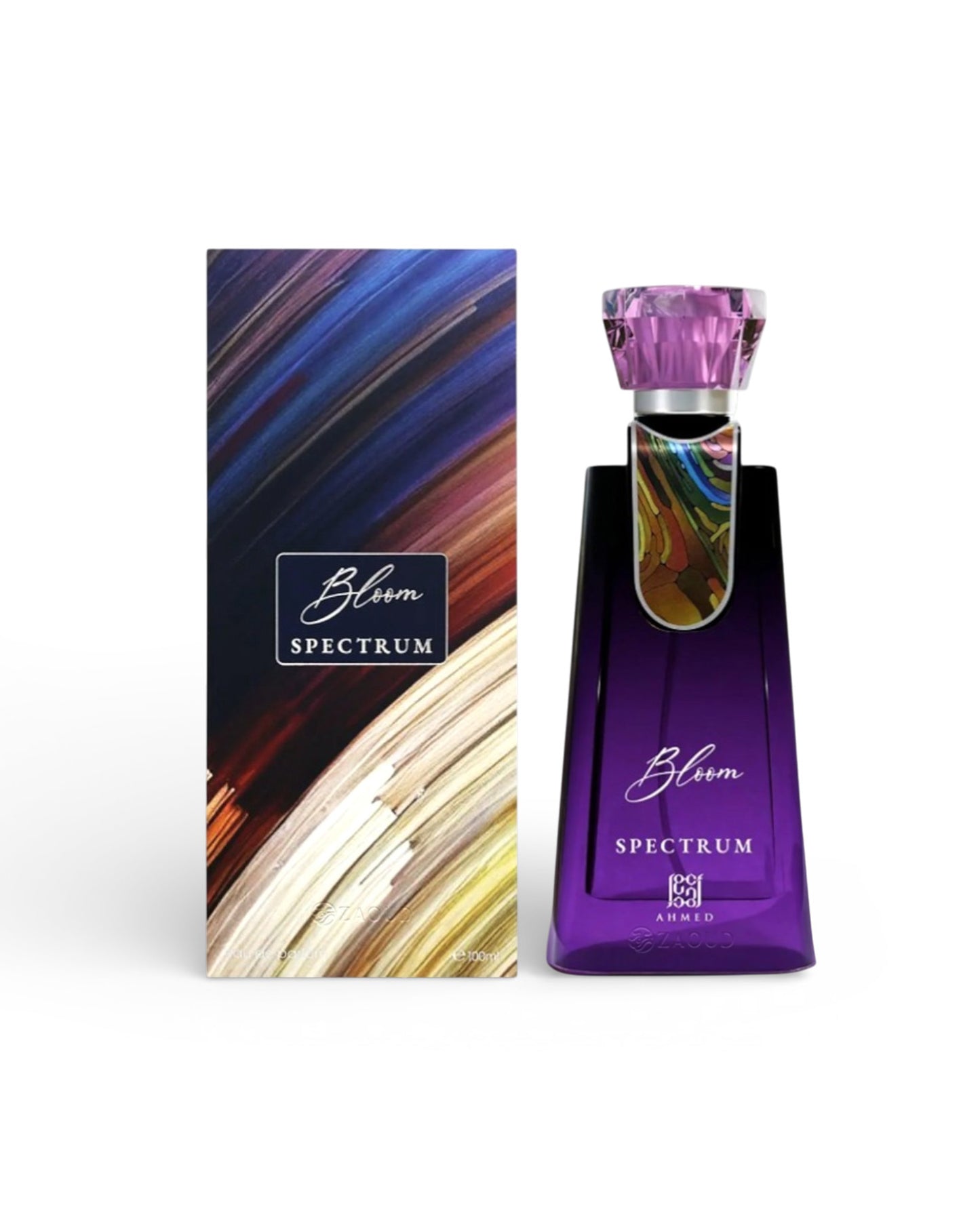 bloom spectrum by ahmed perfume bottle shows beside its packaging against white background