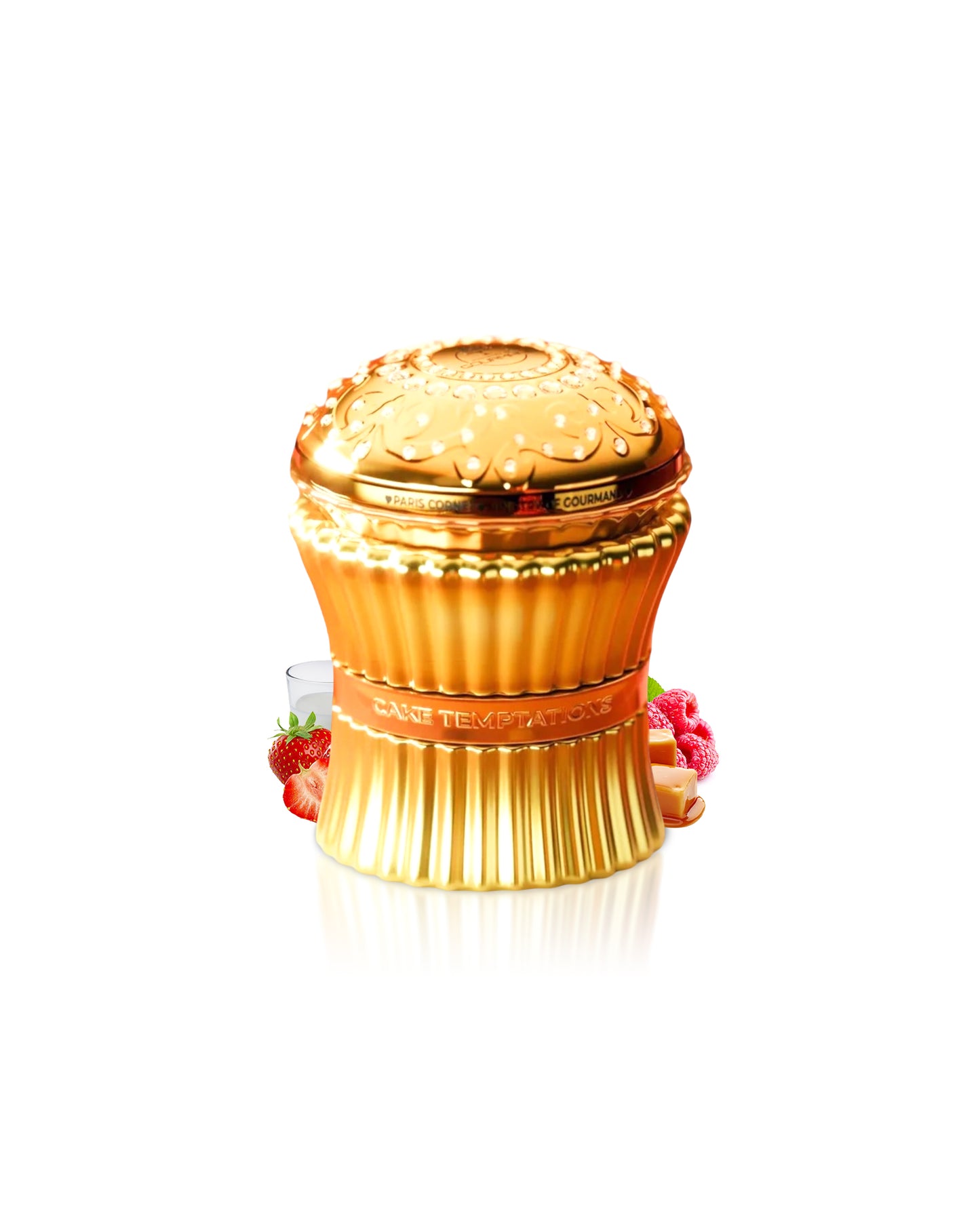 cake temptations perfume bottle surrounded with fragrance notes like caramel and red fruits shows against white background