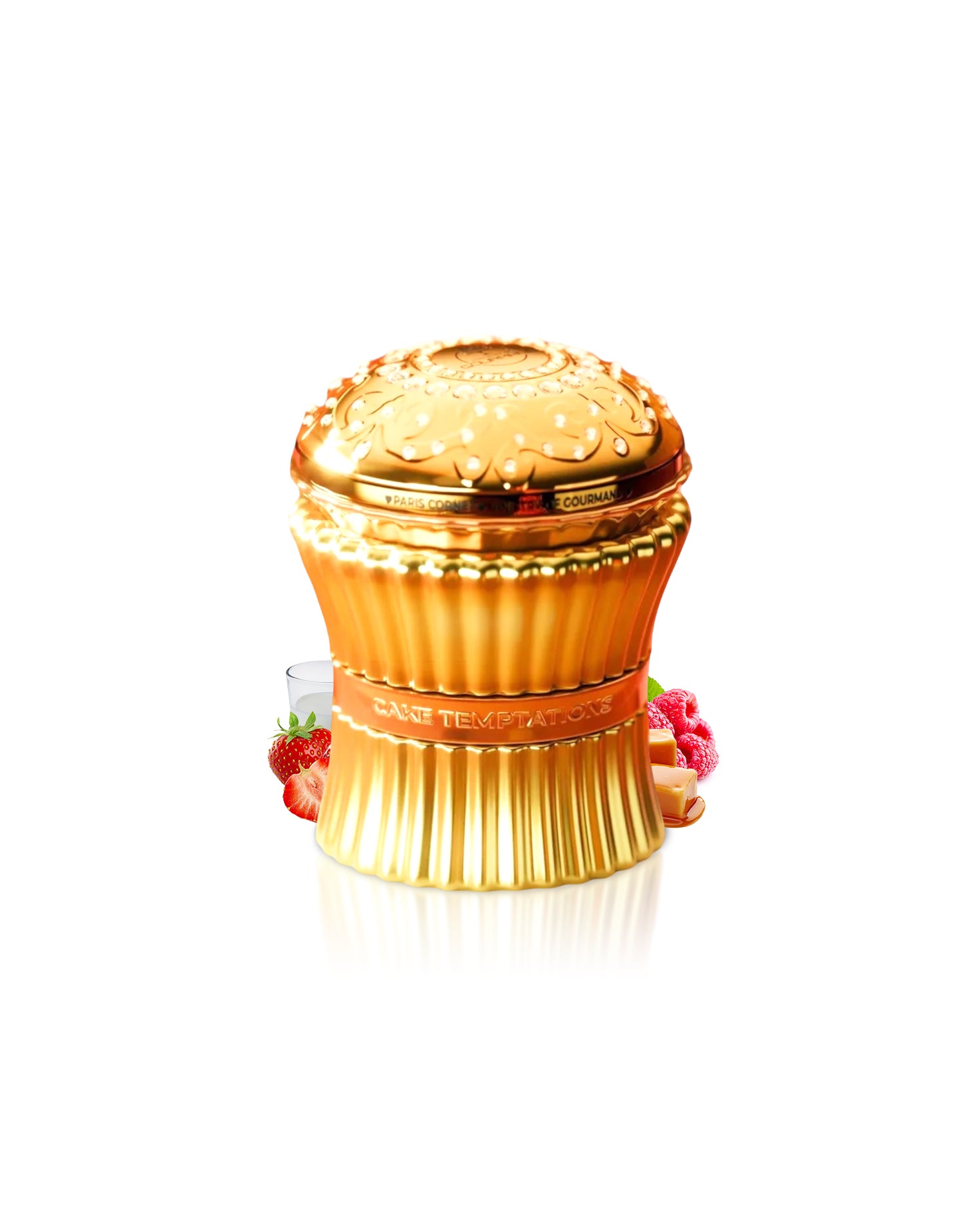 cake temptations perfume bottle surrounded with fragrance notes like caramel and red fruits shows against white background