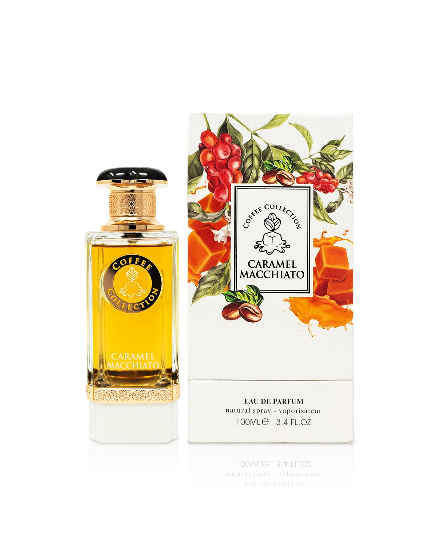 caramel macchiato perfume bottle shows beside its box against white background