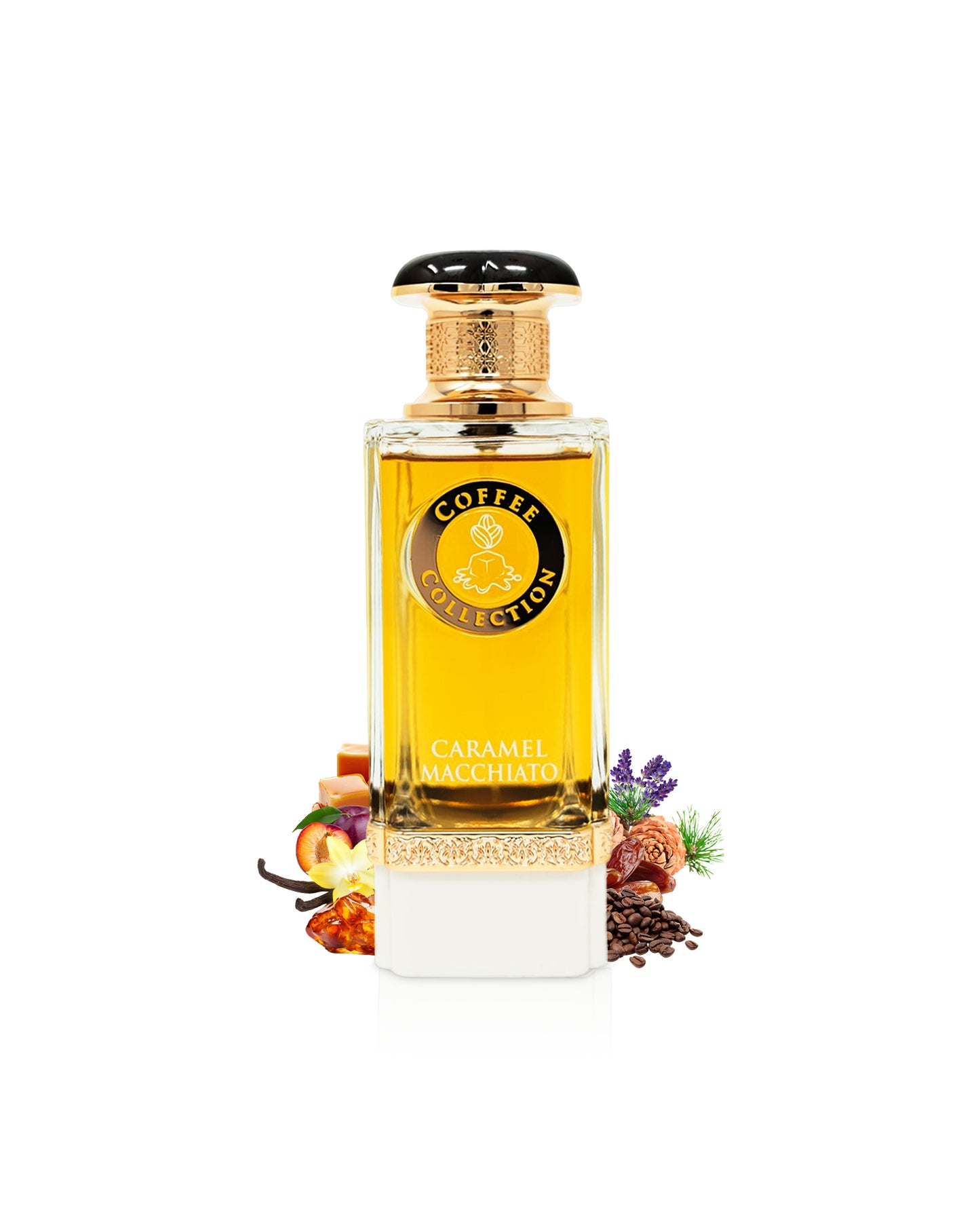 caramel macchiato perfume bottle surrounded with fragrance notes like coffee and vanilla shows against white background