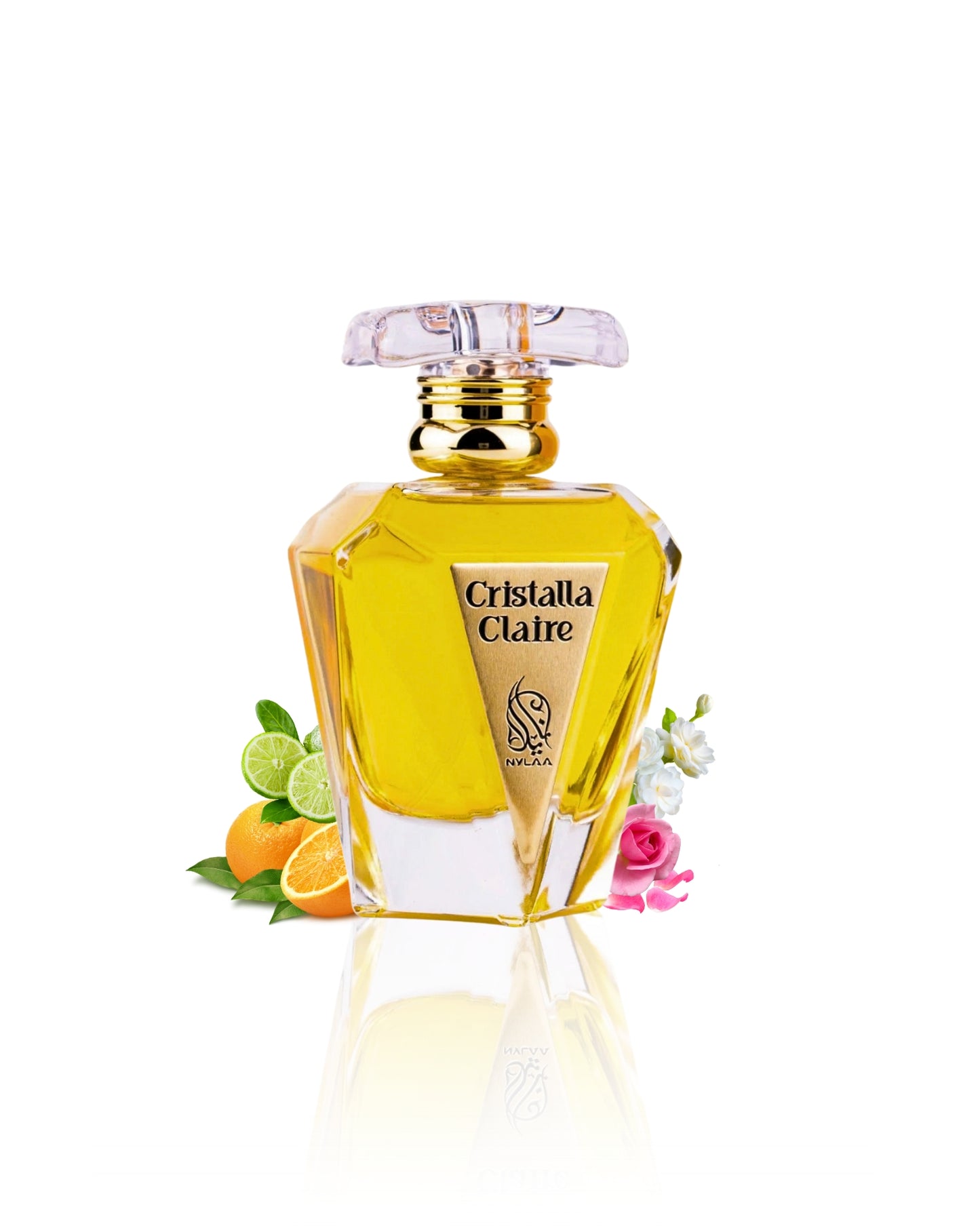 CRISTALLA CLAIRE EDP perfume bottle surrounded by orange musk against white background