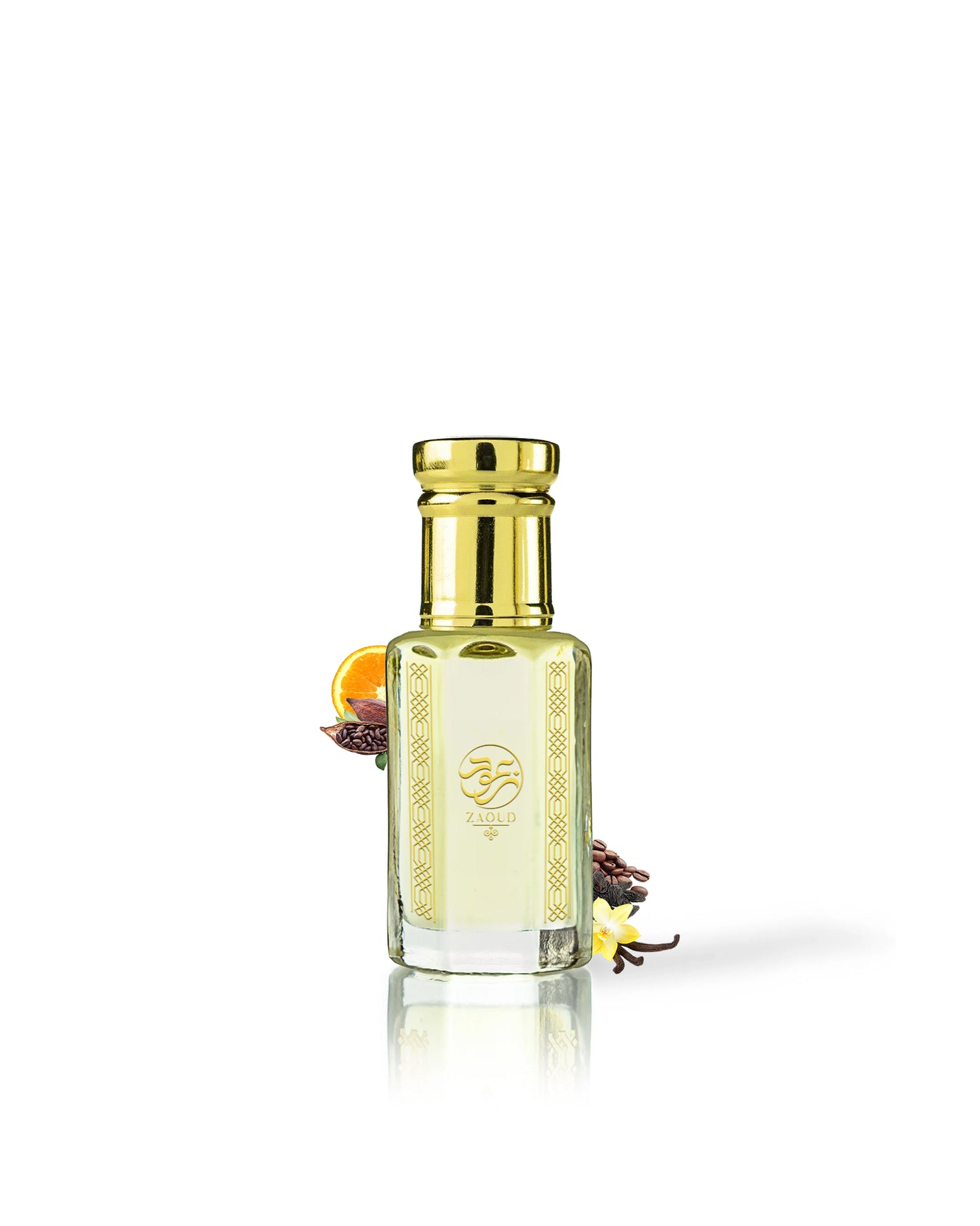 Cacao Royale Chocolate Greedy perfume oil bottle surrounded with fragrance notes like vanilla and cacao shows from behind the bottle against white background