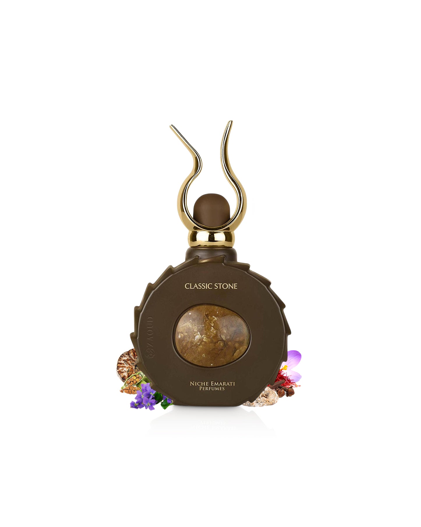 lattafa classic stone perfume bottle surrounded with fragrance notes like saffron and violet shows against white background
