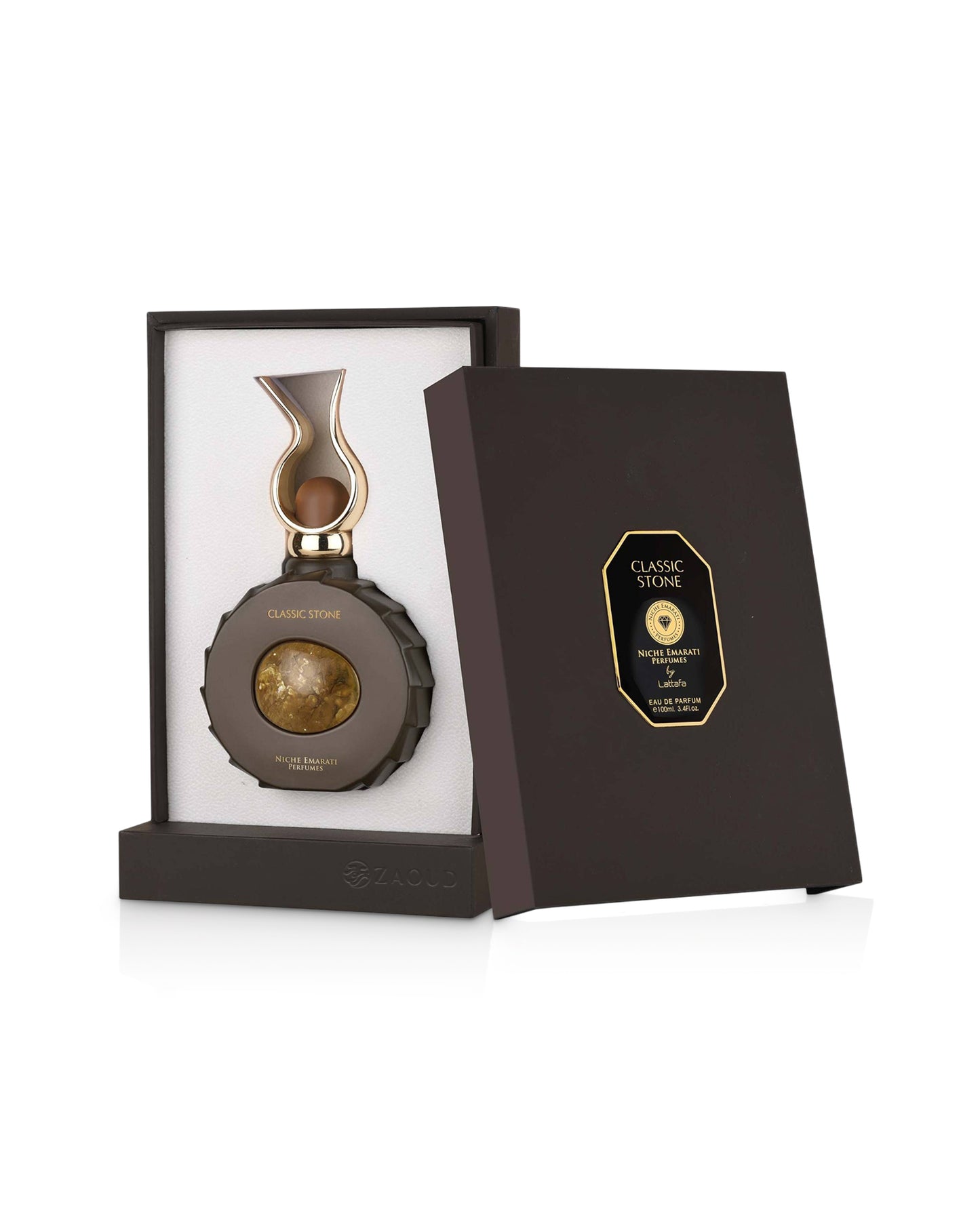 lattafa classic stone perfume bottle shows from a opened box against white background