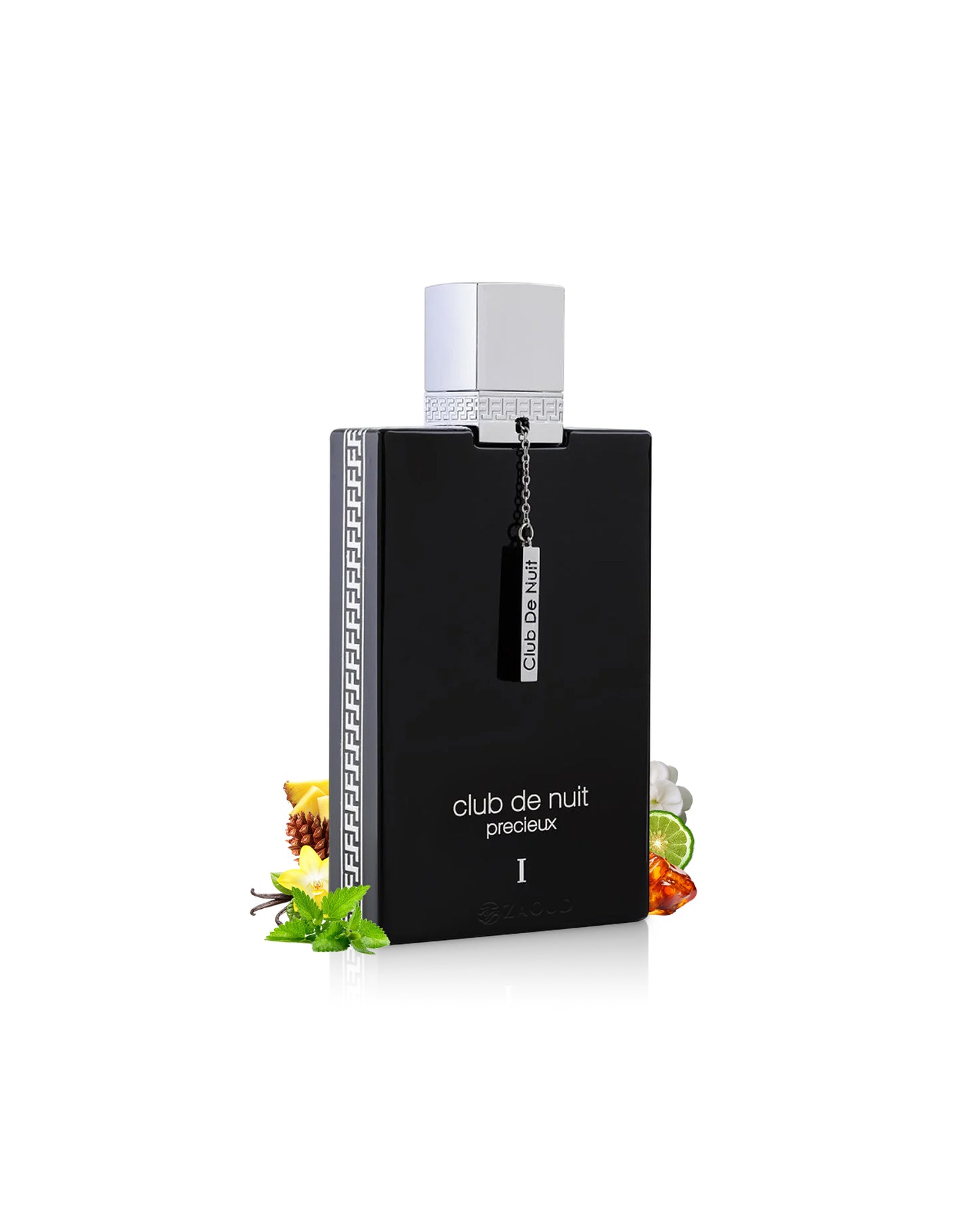 club de nuit PRECIEUX perfume bottle surrounded with fragrance notes like amber and vanilla shows against white background