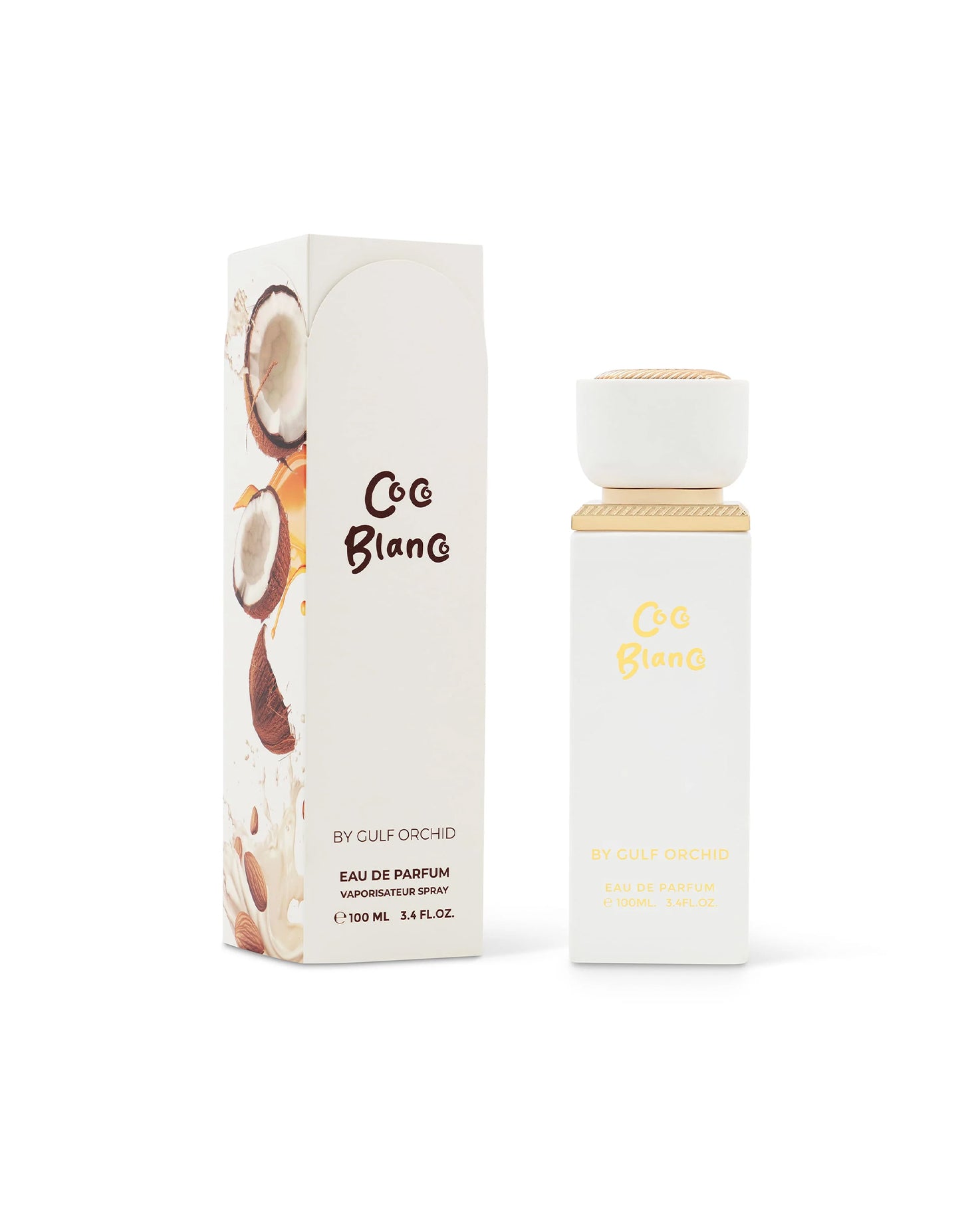 gulf orchid coco blanco perfume white bottle shows beside its box against white background