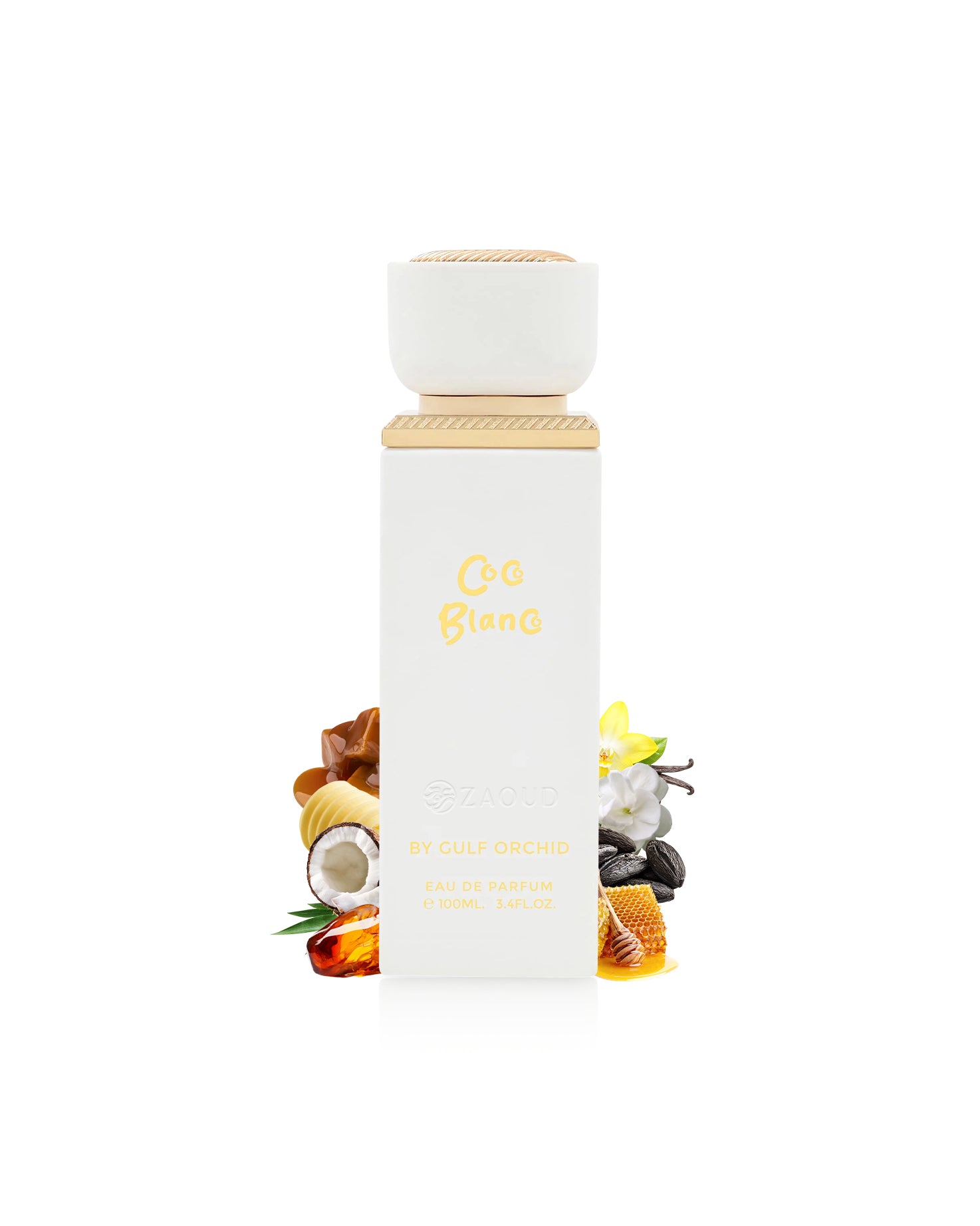 gulf orchid coco blanco perfume white bottle surrounded by fragrance notes like coconut and honey shows against white background