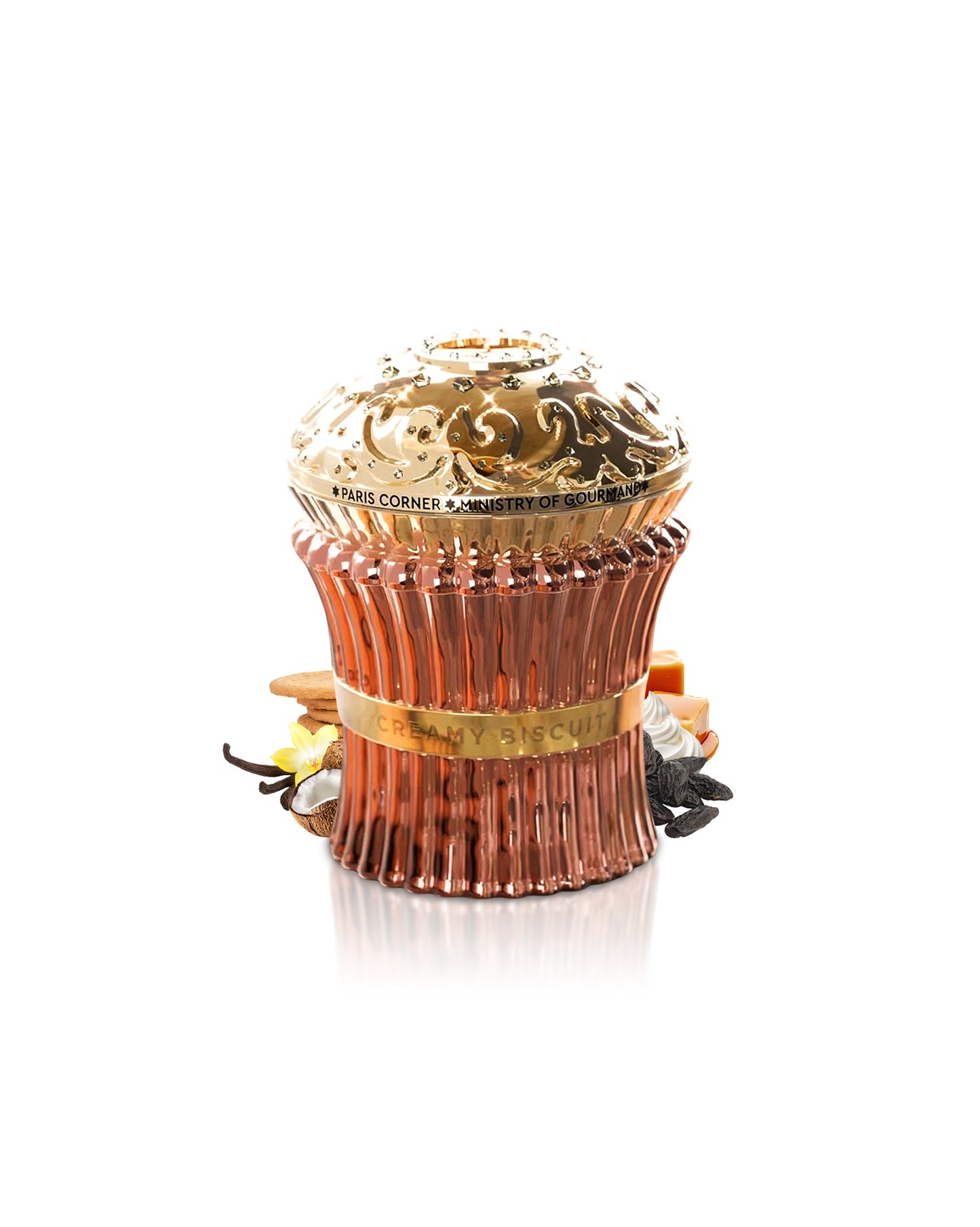 Paris corner creamy biscuit perfume bottle surrounded with fragrance notes like vanilla and tonka shows against white background