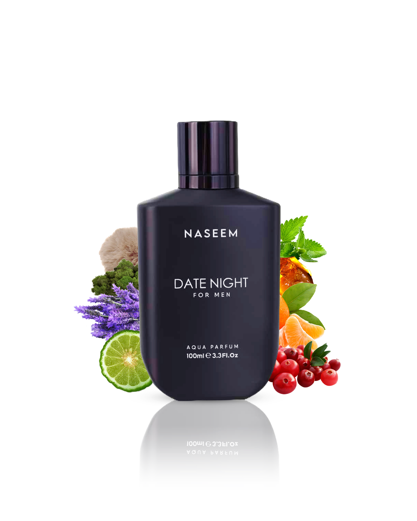 date night for men by naseem perfume black colour bottle surrounded with it's ingredients like bergamot and lavender with many more shows against white background