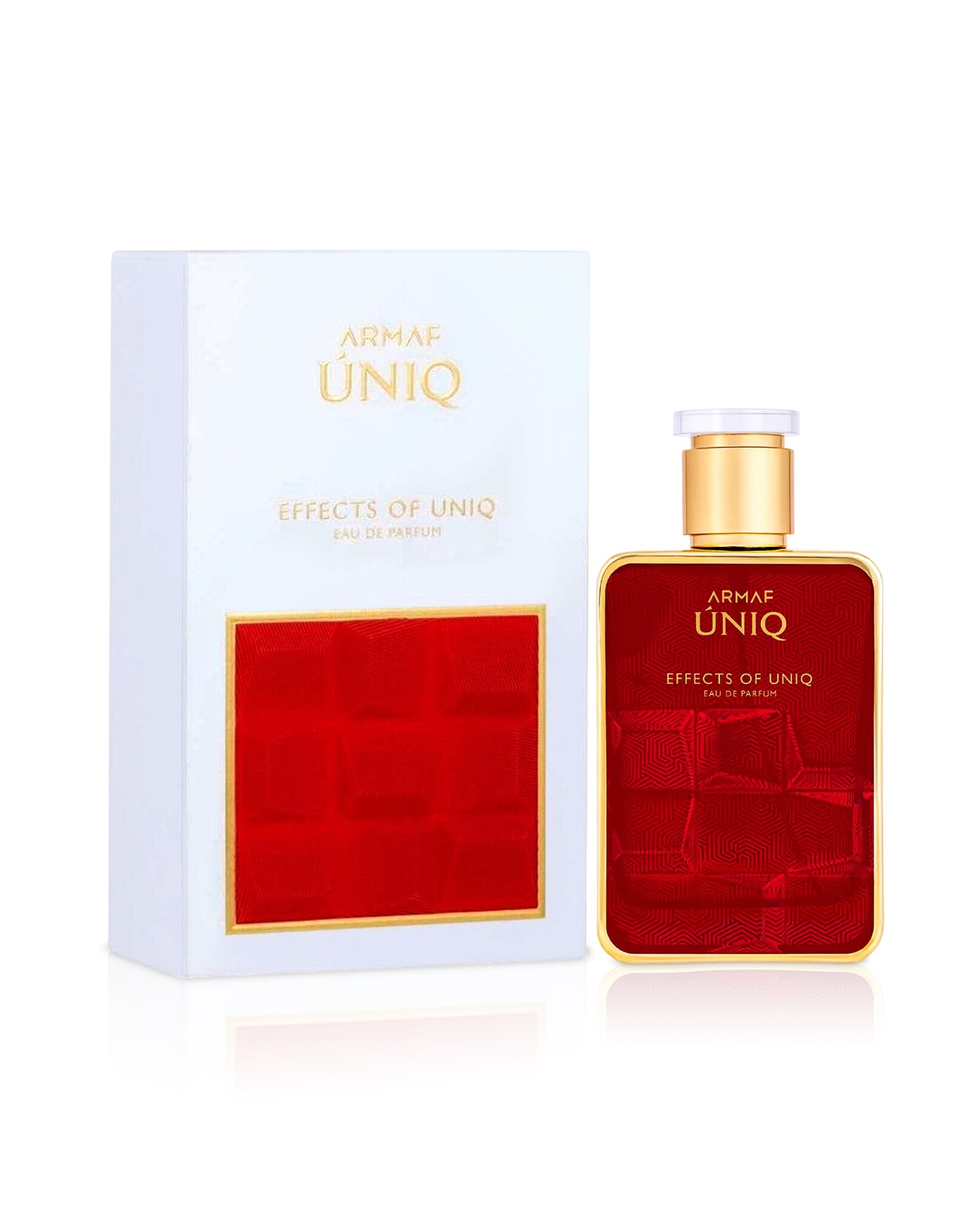 effects of uniq perfume bottle shows beside its box against white background