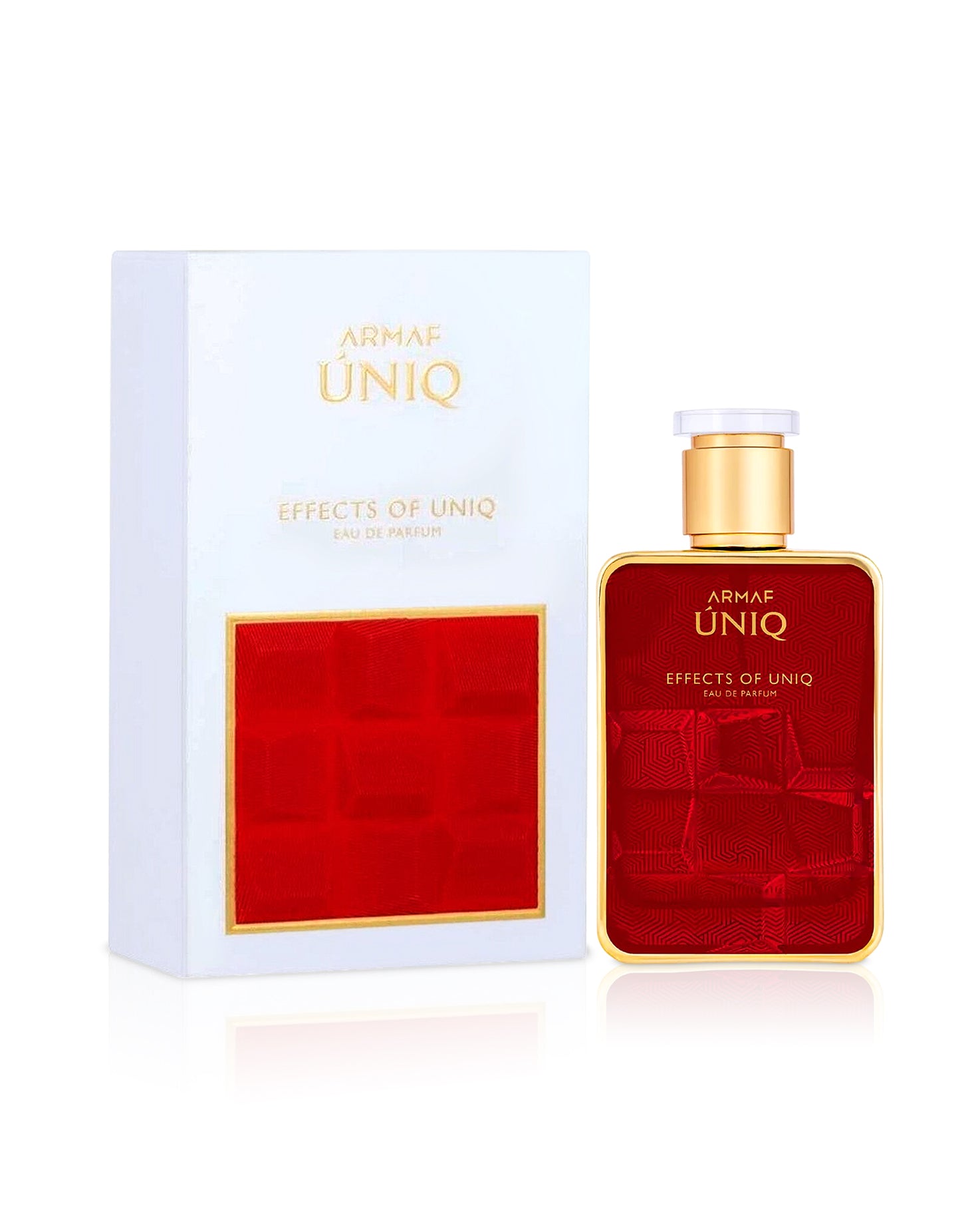 effects of uniq perfume bottle shows beside its box against white background