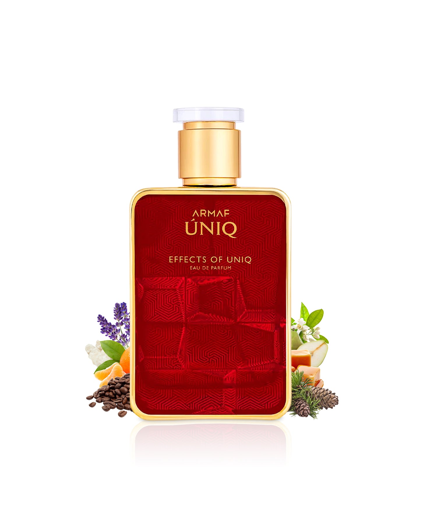 effects of uniq perfume bottle surrounded with fragrance notes like coffee and caramel shows against white background