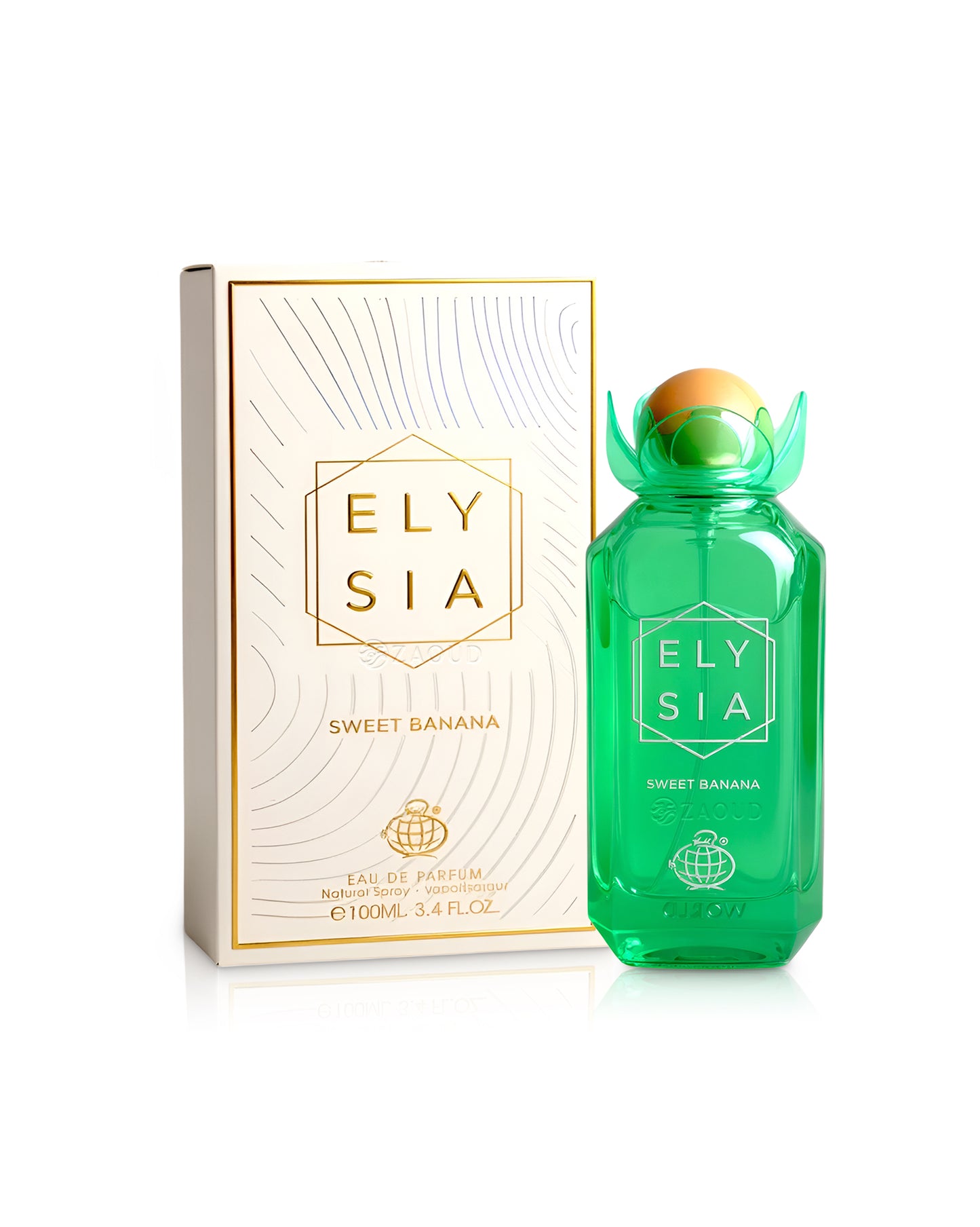 elysia sweet vanilla perfume green bottle shows beside its packaging against white background