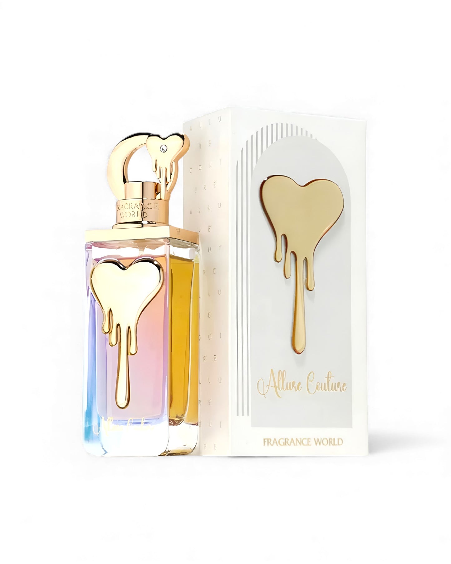 fragrance world allure couture Perfume bottle and packaging with gold heart design on a white background