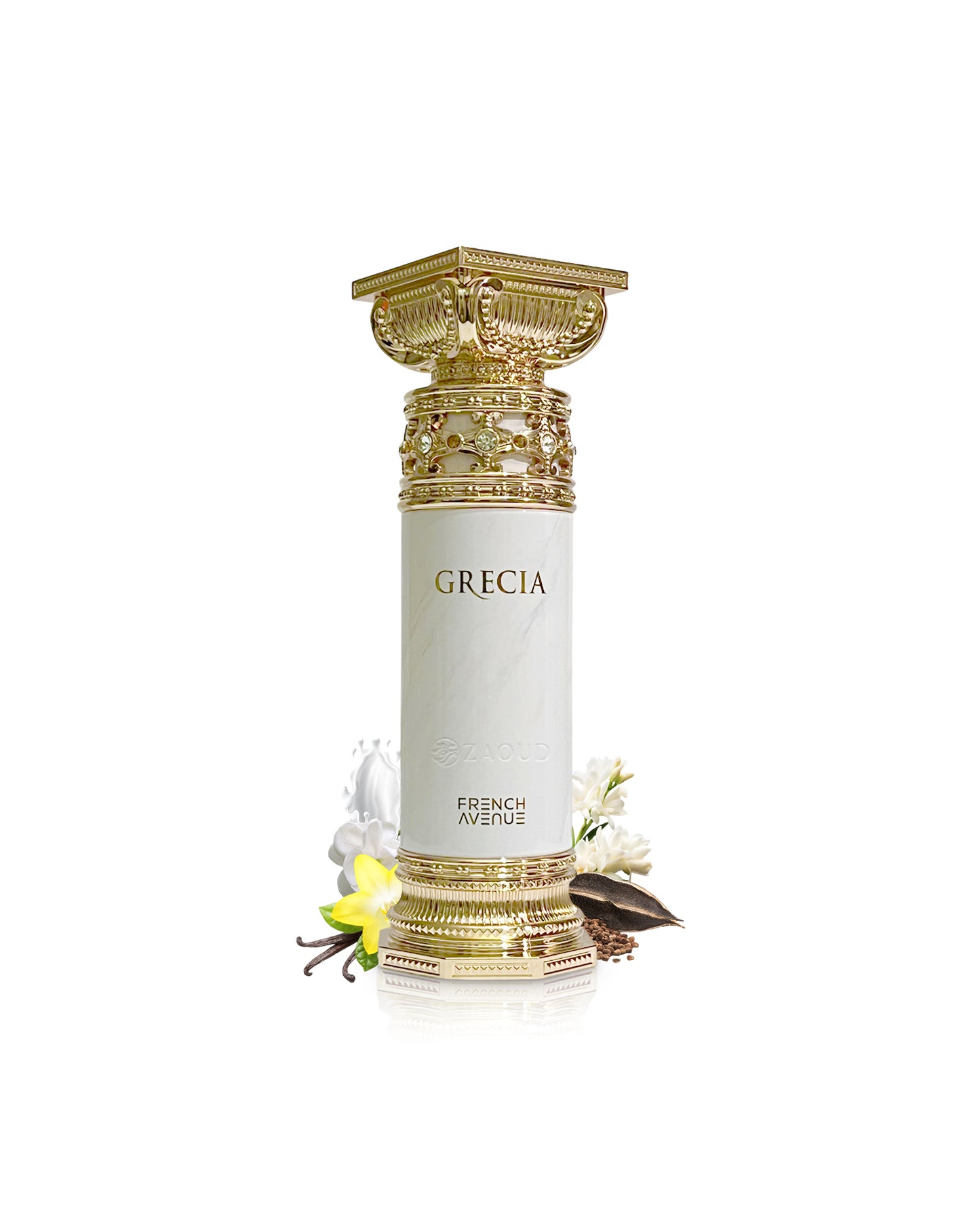 french avenue grecia perfume bottle surrounded with fragrance notes like vanilla and ambrette shows against white background