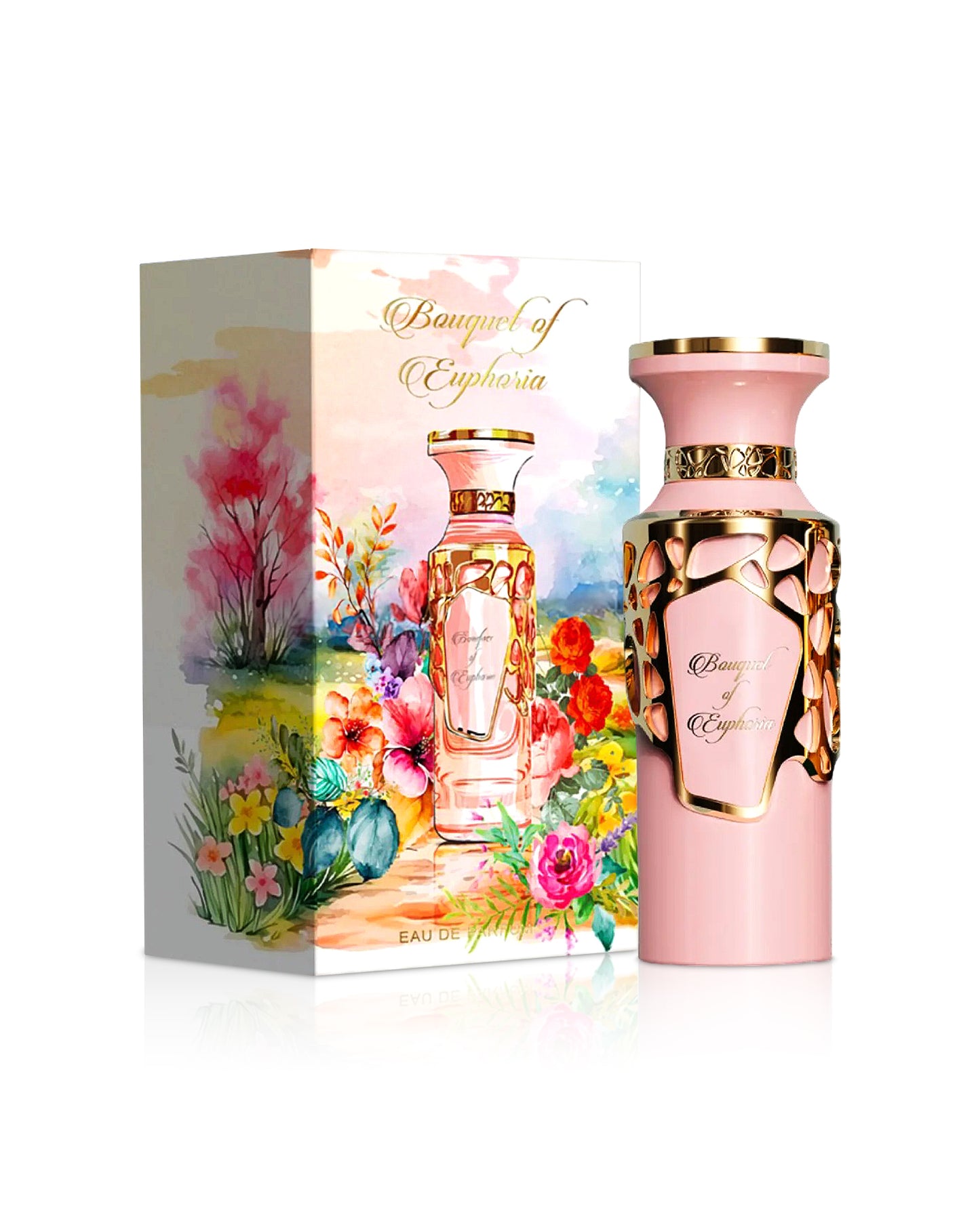 french avenue bouquet of euphoria perfume bottle shows beside its box against white background