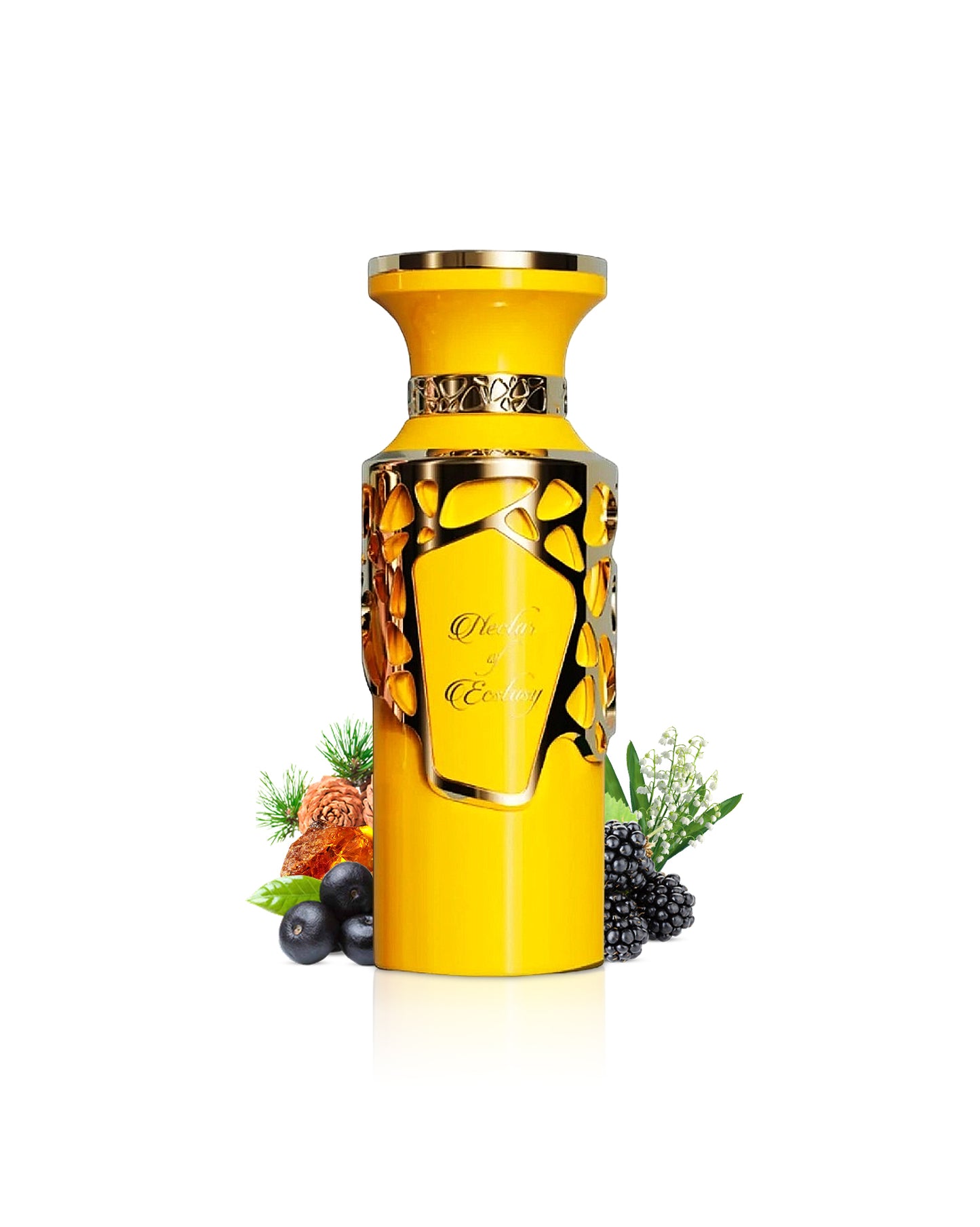 french avenue nectar of ecstasy by fragrance world perfume bottle surrounded with its ingredients like berries and amber shows from behind the bottle against white background