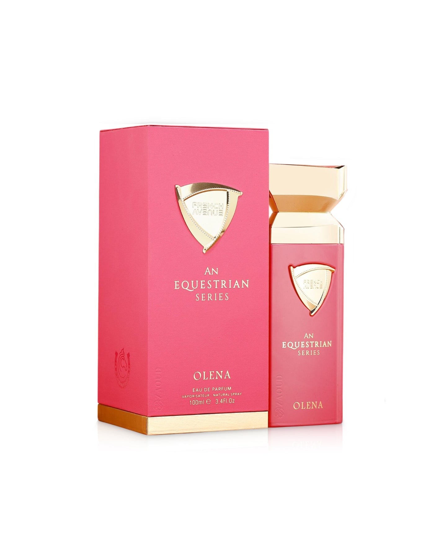 french avenue olena perfume bottle shows beside its box against white background