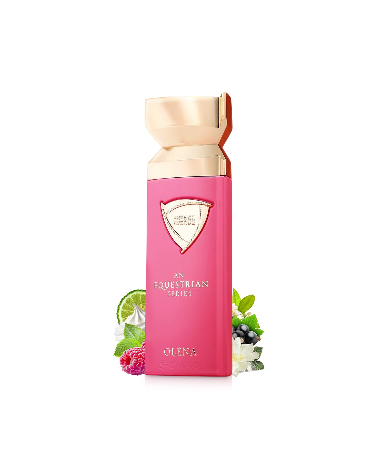 french avenue olena perfume bottle surrounded with fragrance notes like raspberry and orange blossom shows against white background
