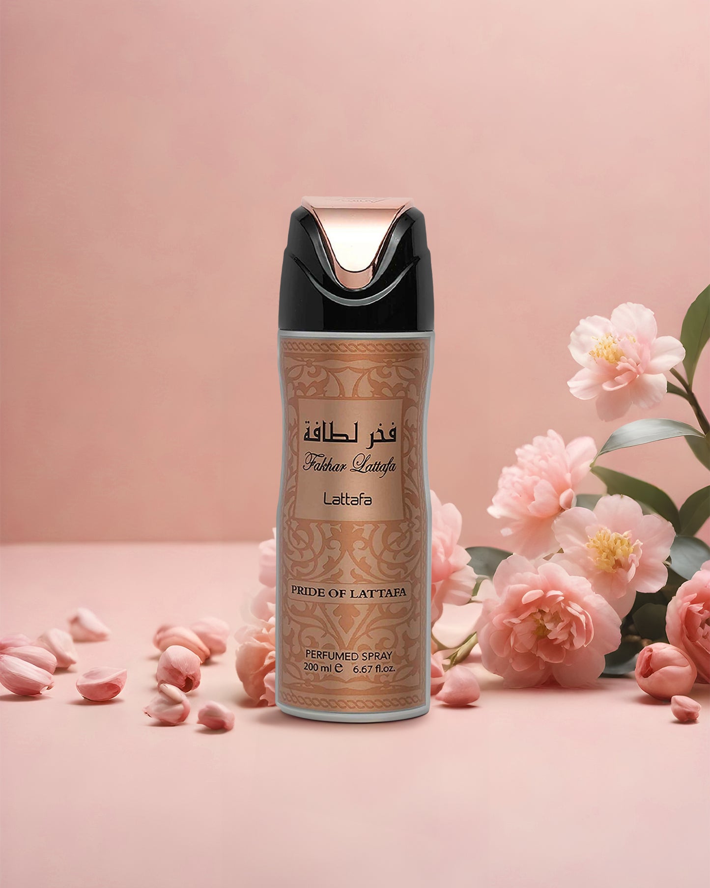 Fakhar deodorant bottle photograph beside peony flowers