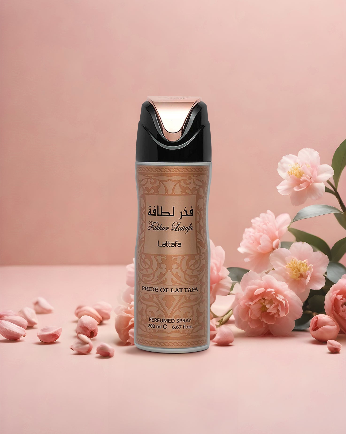 Fakhar deodorant bottle photograph beside peony flowers