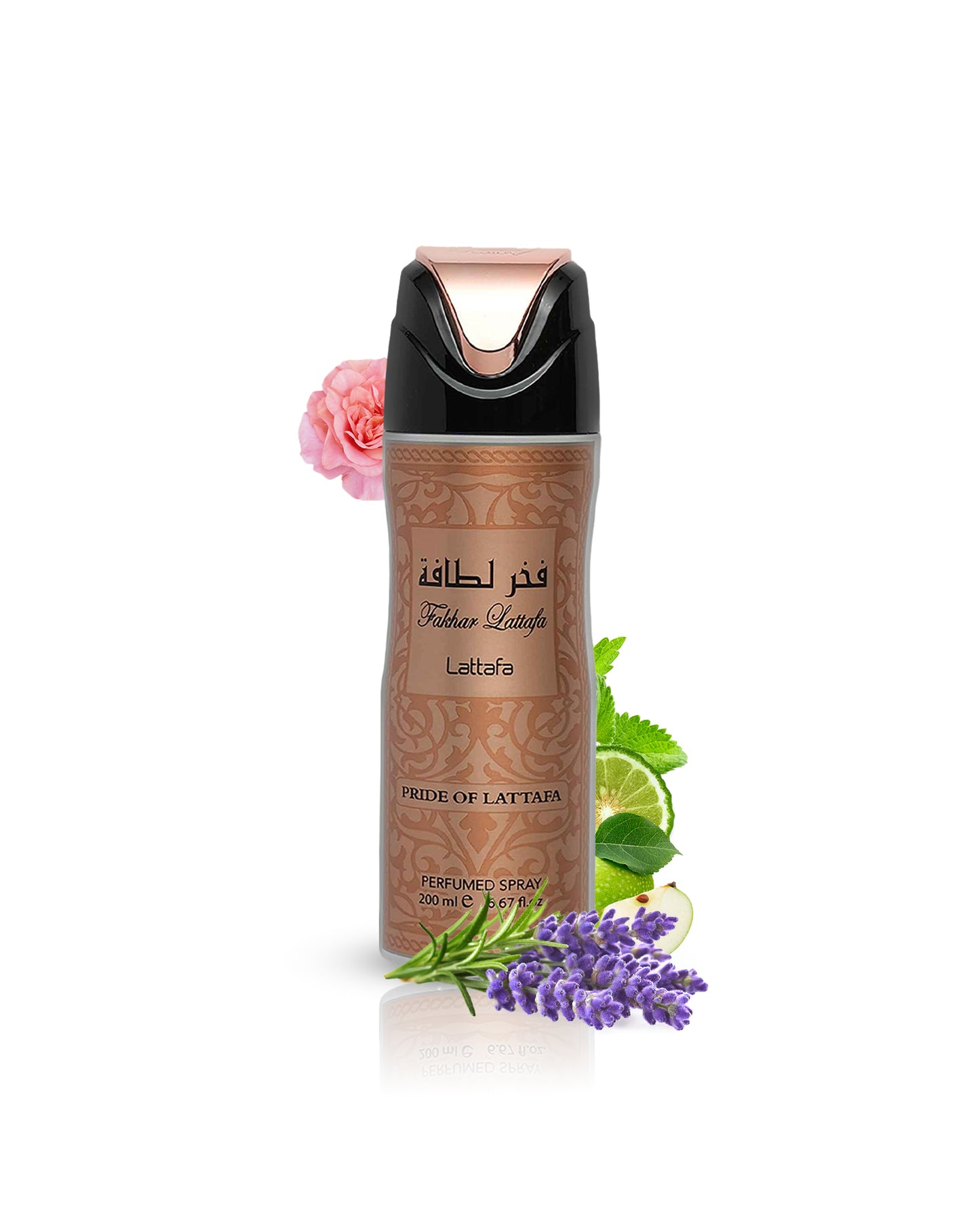 Fakhar deodorant bottle surrounded by peony lavender against white background