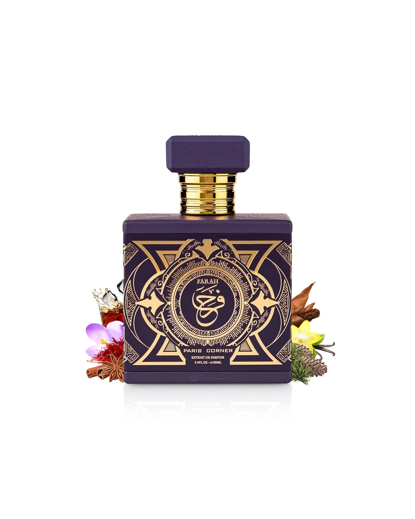 farah extrait perfume bottle surrounded with fragrance note like saffron and spices shows against white background