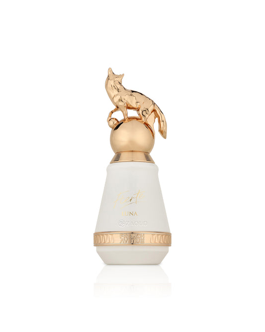 french avenue fierte luna White and gold perfume bottle with a decorative cap on a white background