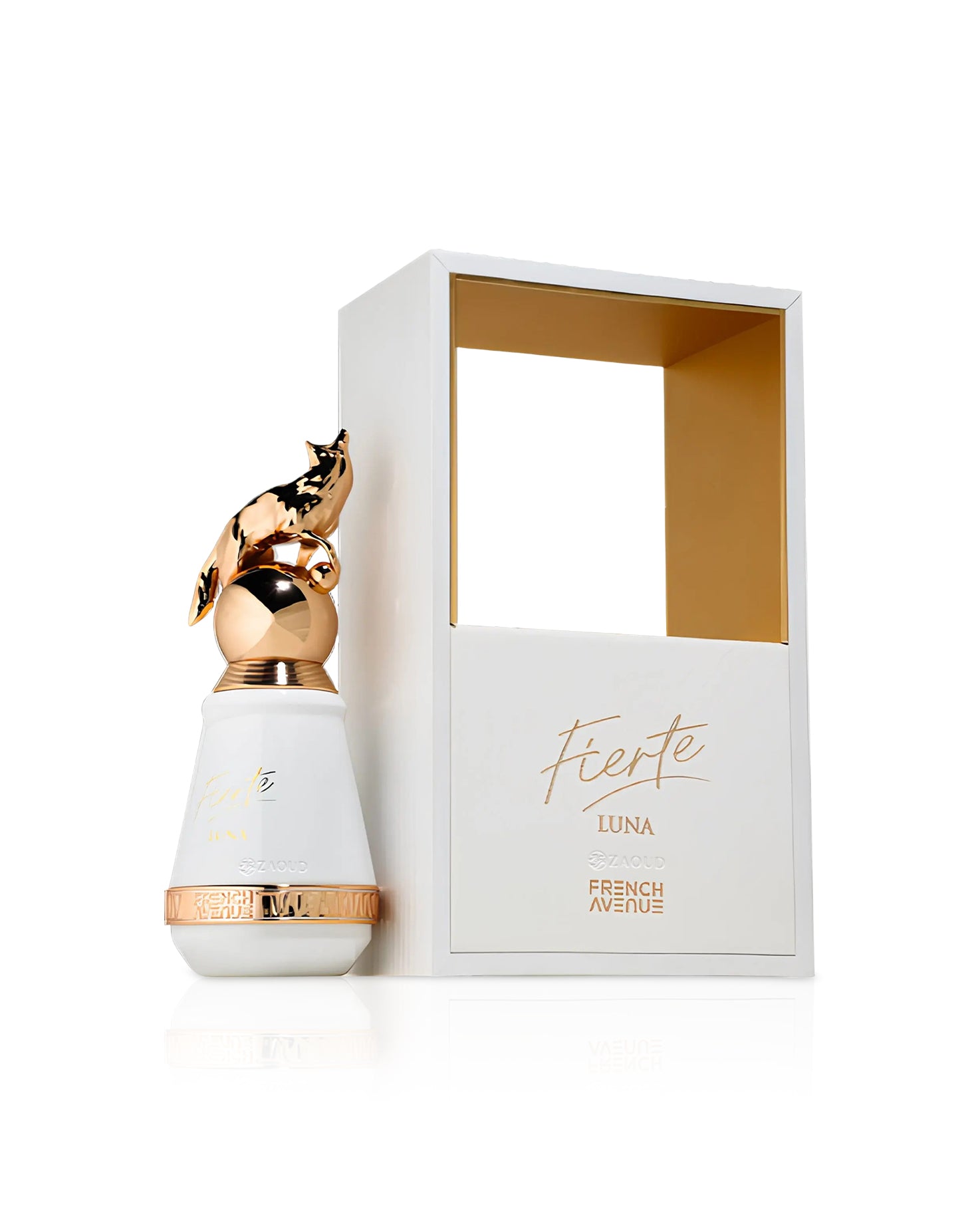 french avenue fierte luna Perfume bottle with gold accents and packaging on a white background