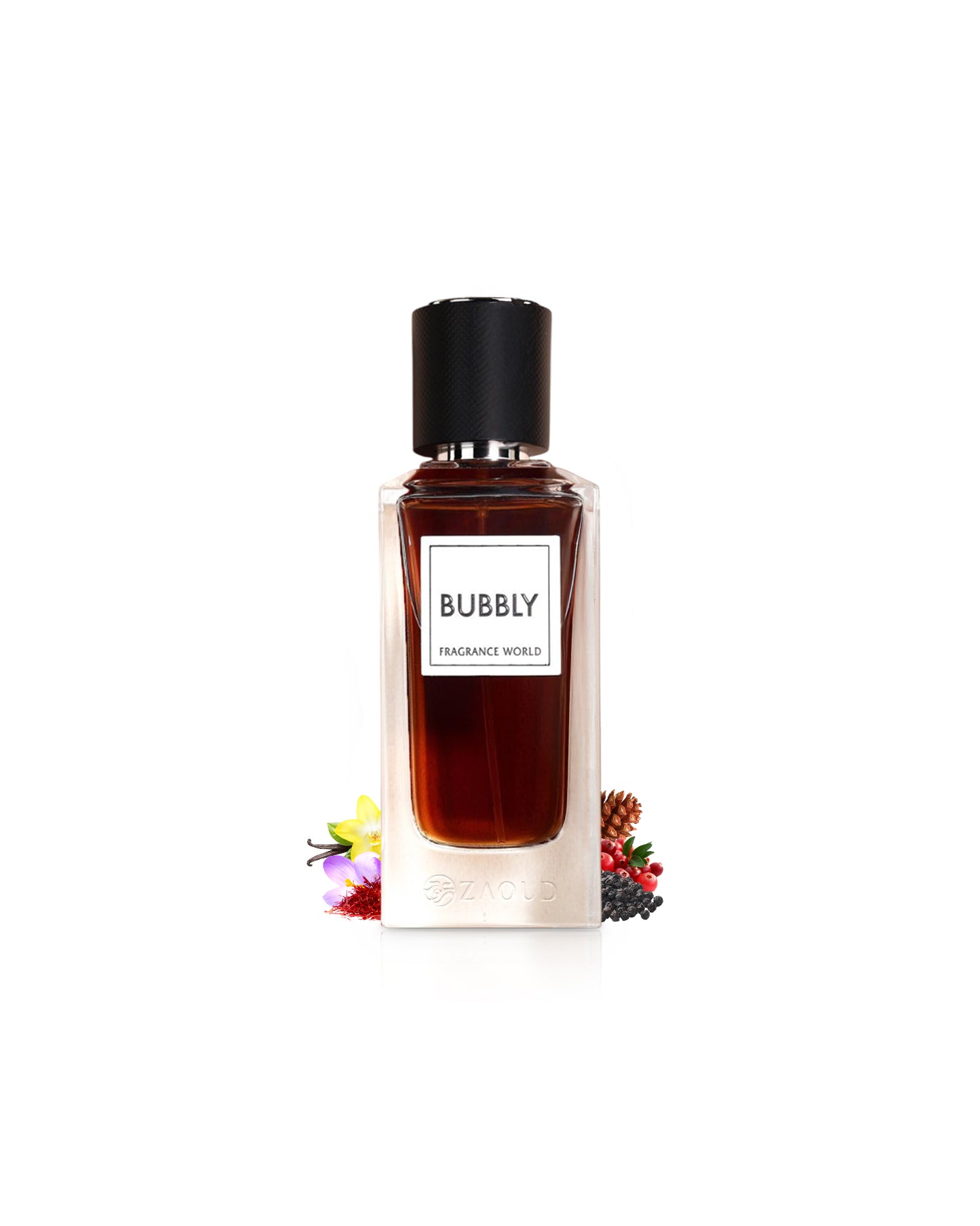 FRAGRANCE WORLD BUBBLY Perfume bottle labeled 'Bubbly' with decorative elements LIKE SAFFRON AND VANILLA on a white background