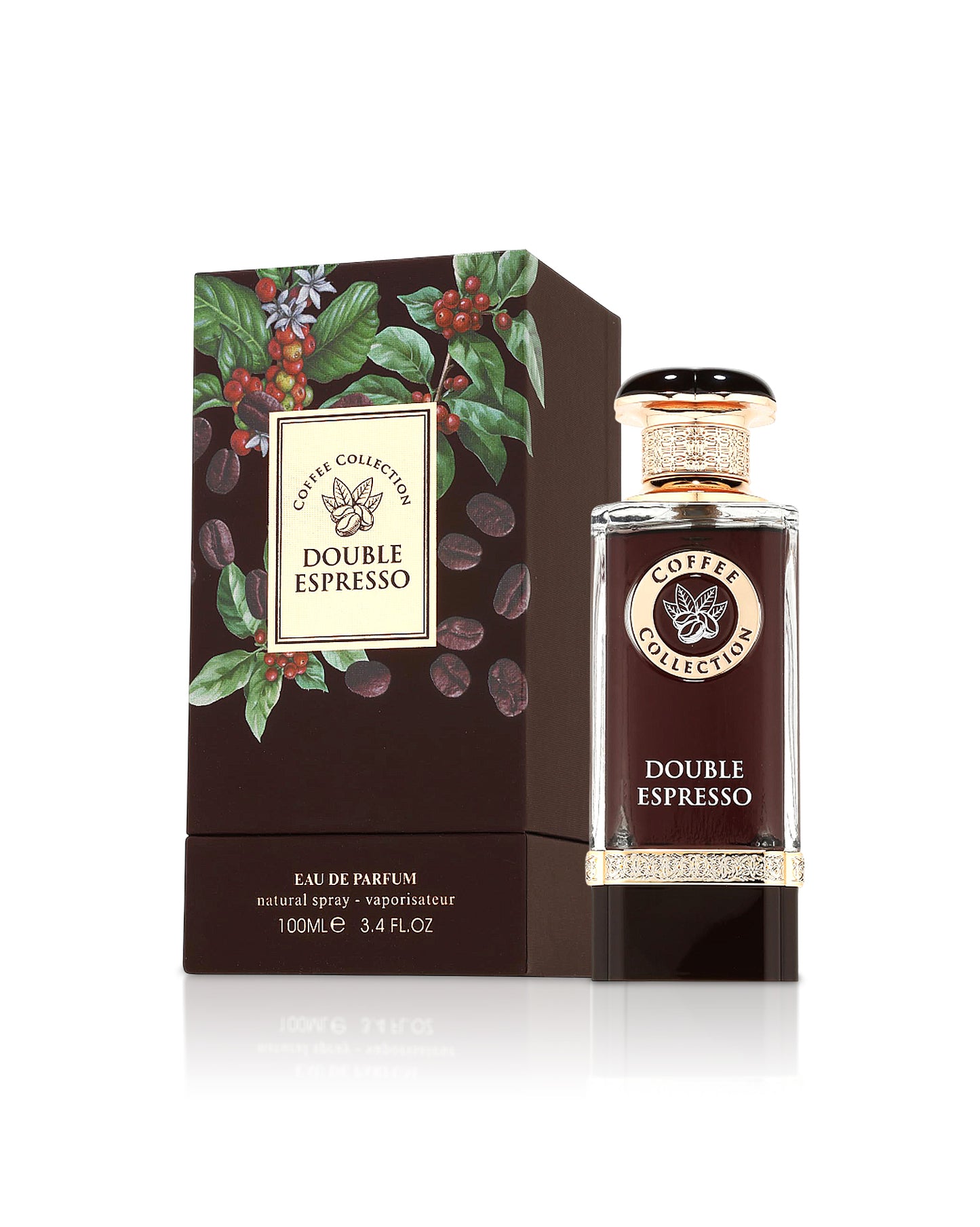 fragrance world double espresso perfume bottle shows beside its box against white background