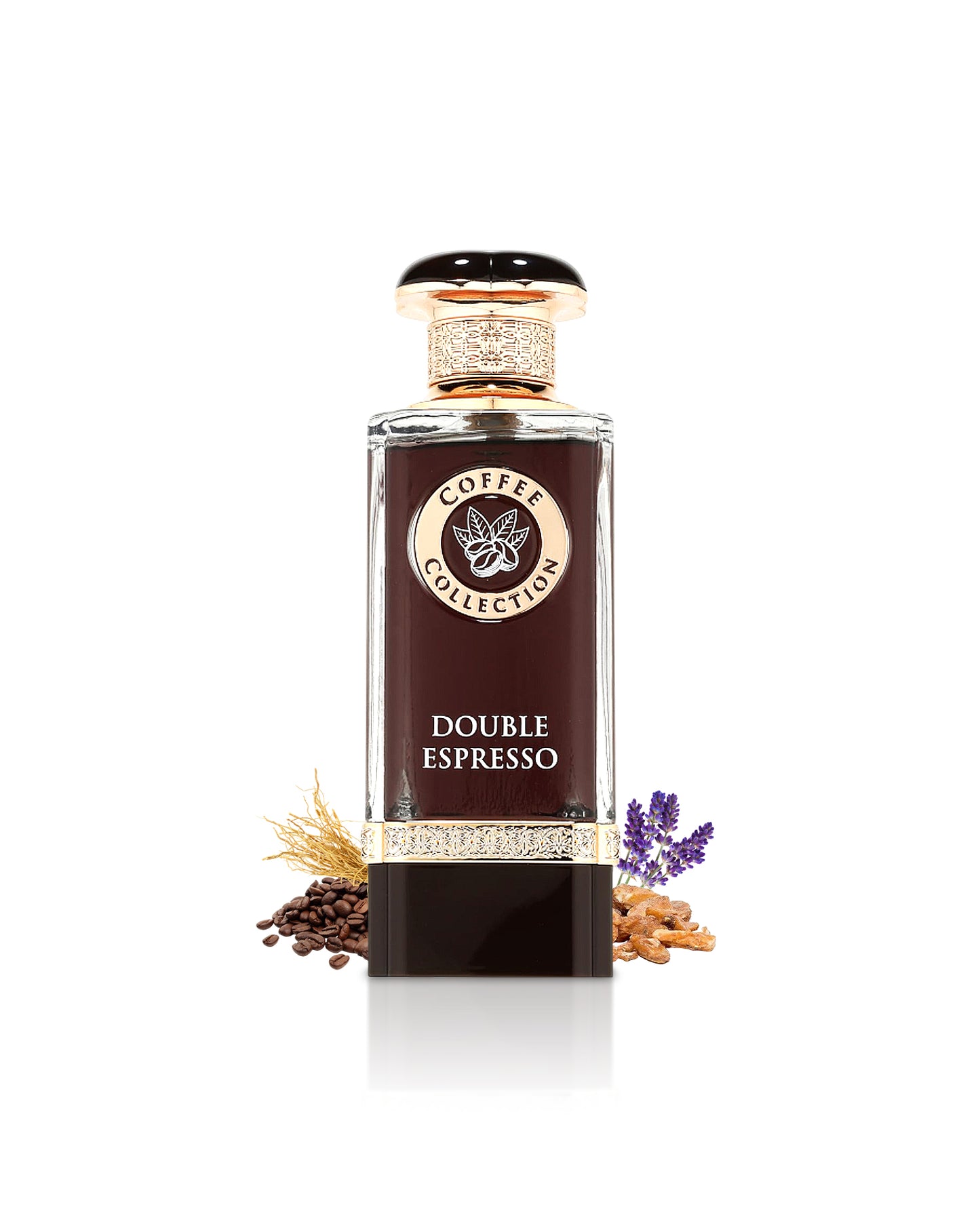 fragrance world double espresso perfume bottle surrounded with fragrance notes like coffee and benzoin shows against white background