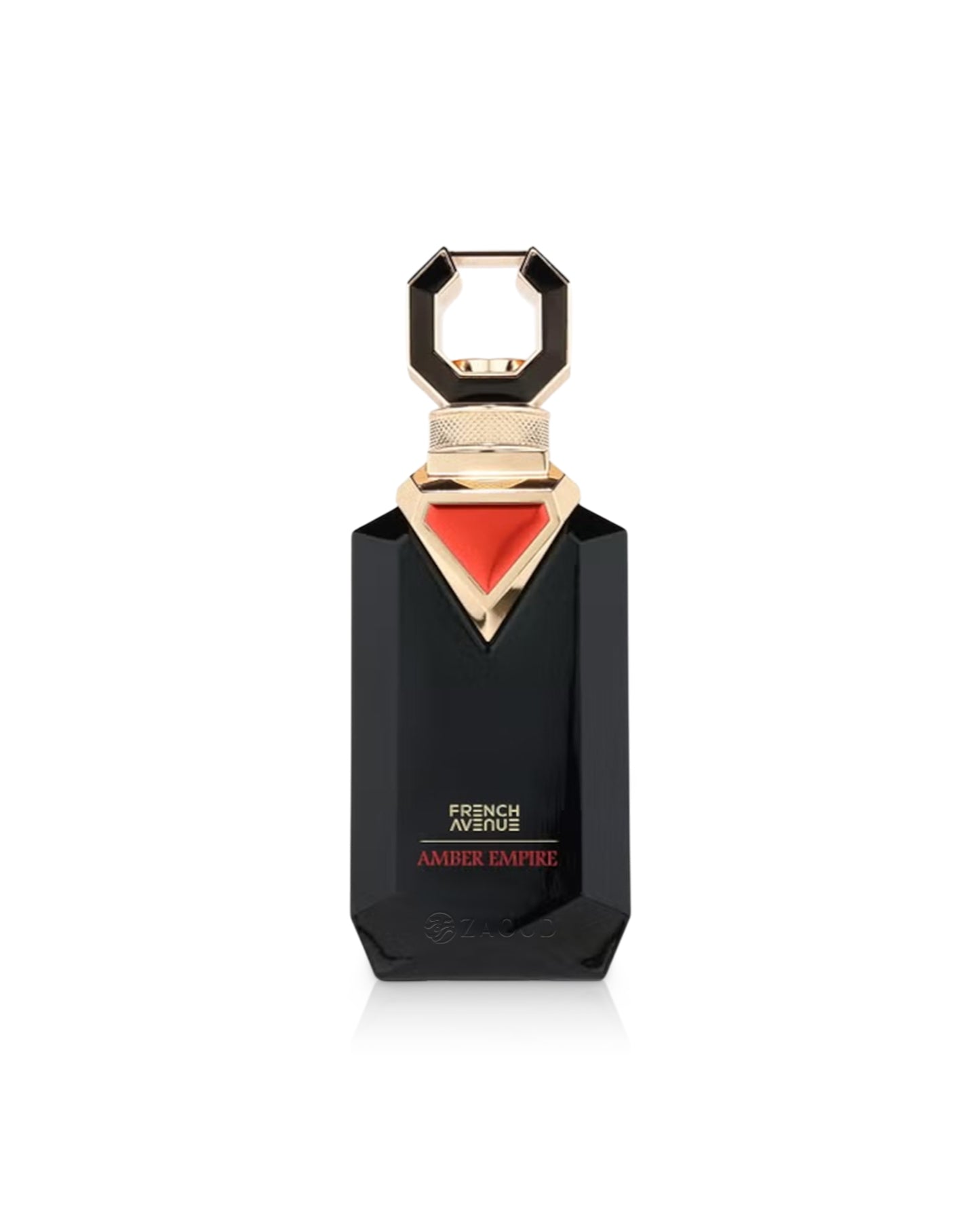 french avenue amber empire perfume black bottle shows against white background
